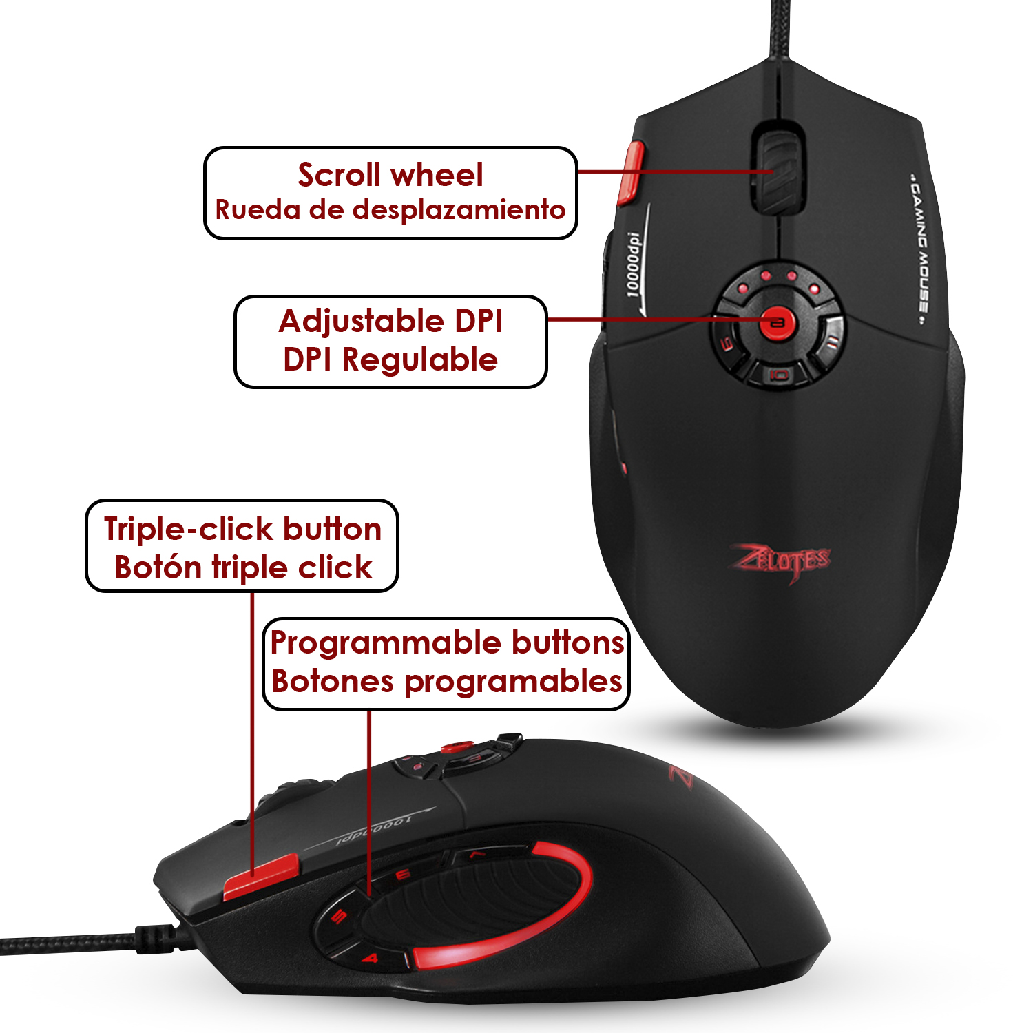Ratón gaming negro con detalles rojos. Muestra rueda, botón DPI, y botones programables.