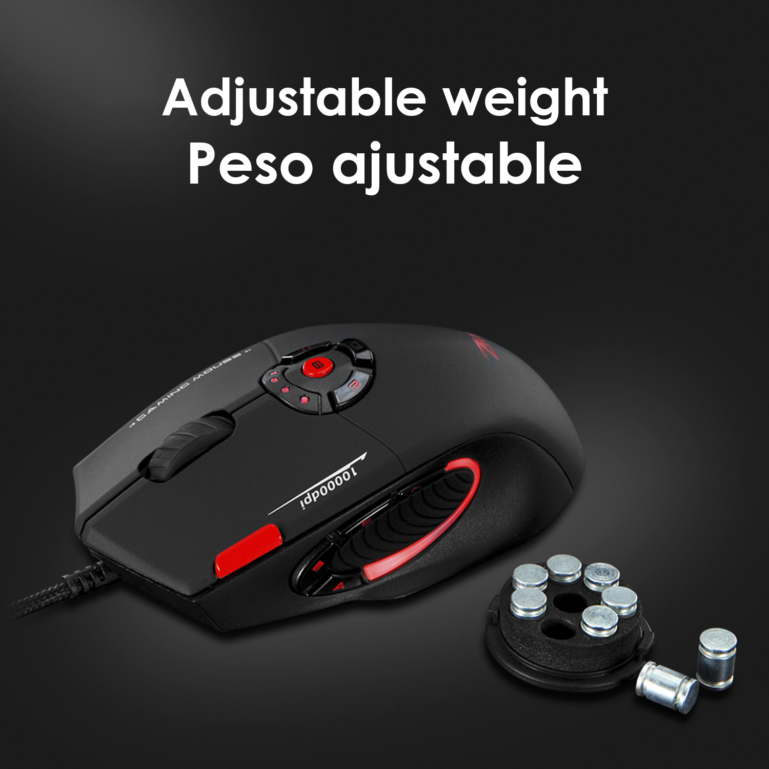 Ratón gaming negro con detalles rojos y pesos ajustables.