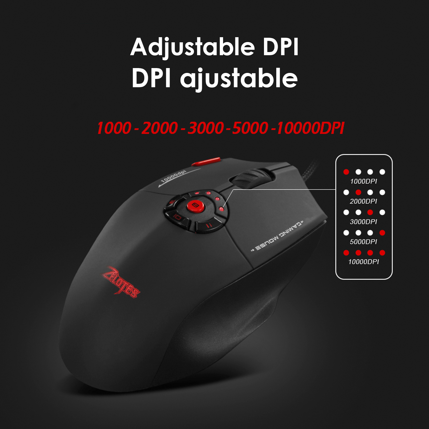 Un ratón gaming negro con detalles rojos y ajustes DPI ajustables.
