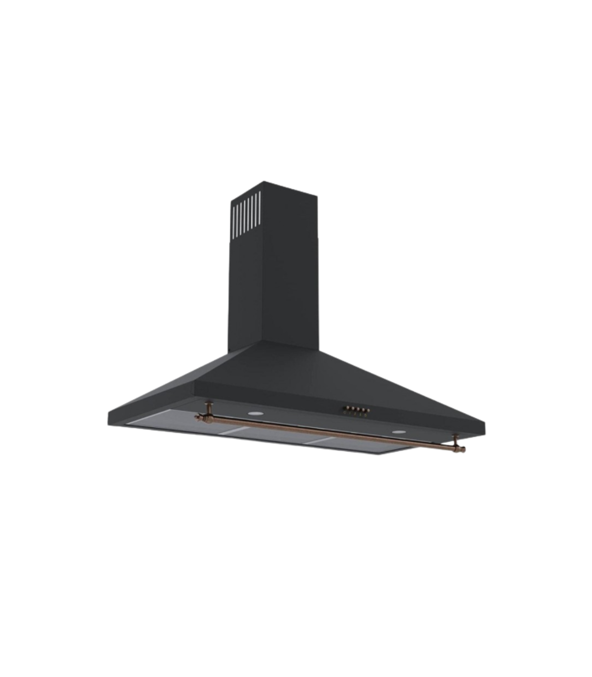 Campana extractora negra. Tiene un cuerpo rectangular y una barra de bronce.