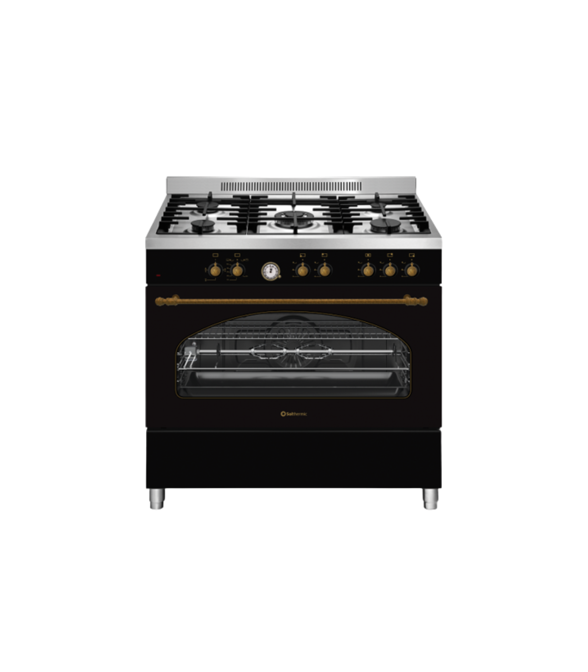 Horno negro con asa y perillas doradas, sobre fondo blanco.