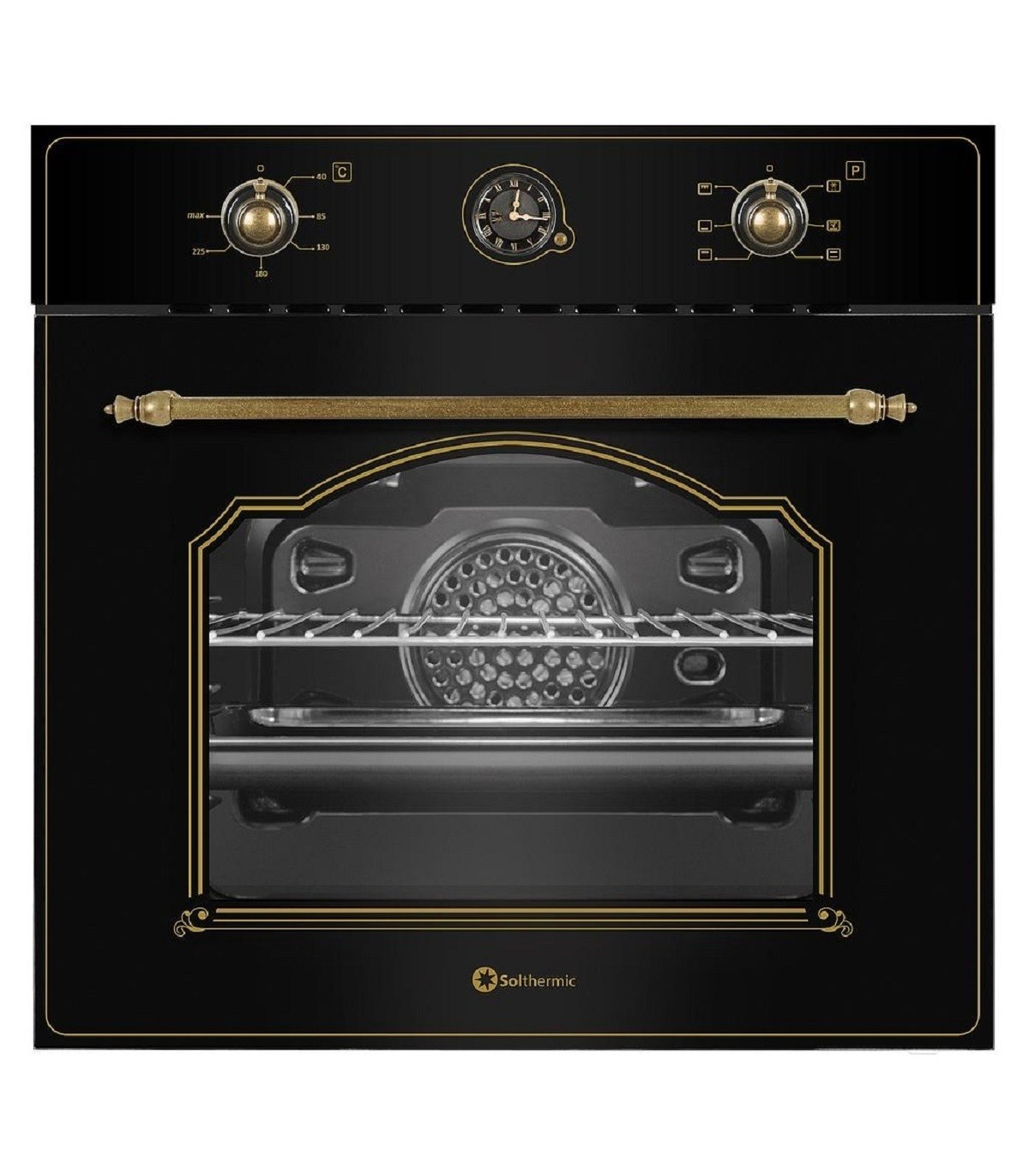 Se muestra un horno negro. Tiene perillas, un reloj y un asa con detalles dorados.