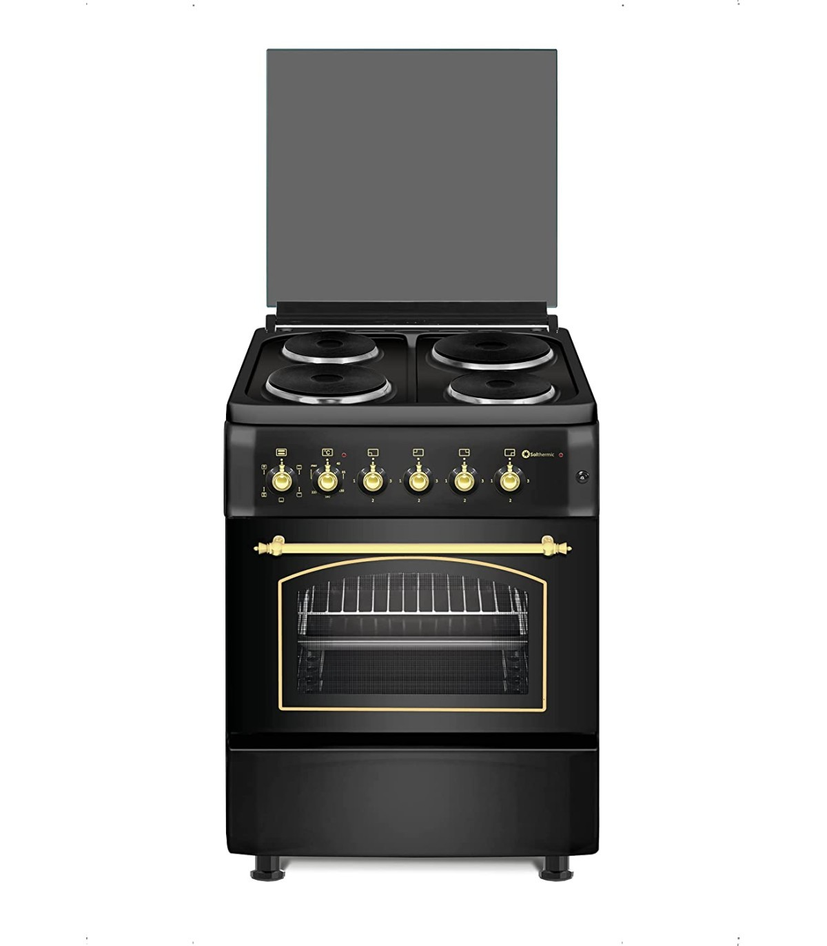 Cocina eléctrica negra y dorada con cuatro quemadores y horno.
