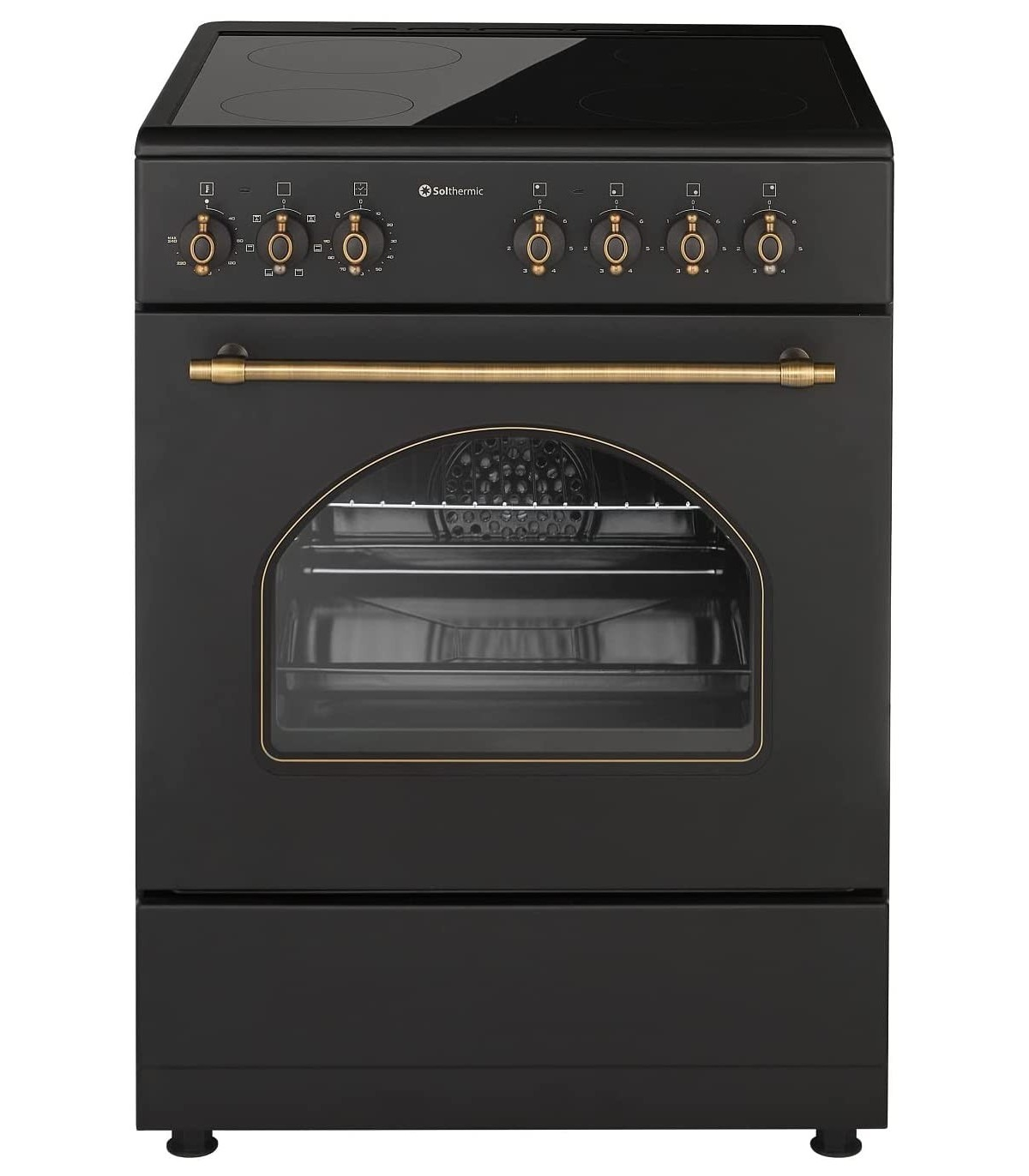 Horno negro con asas y perillas doradas. La encimera es negra.