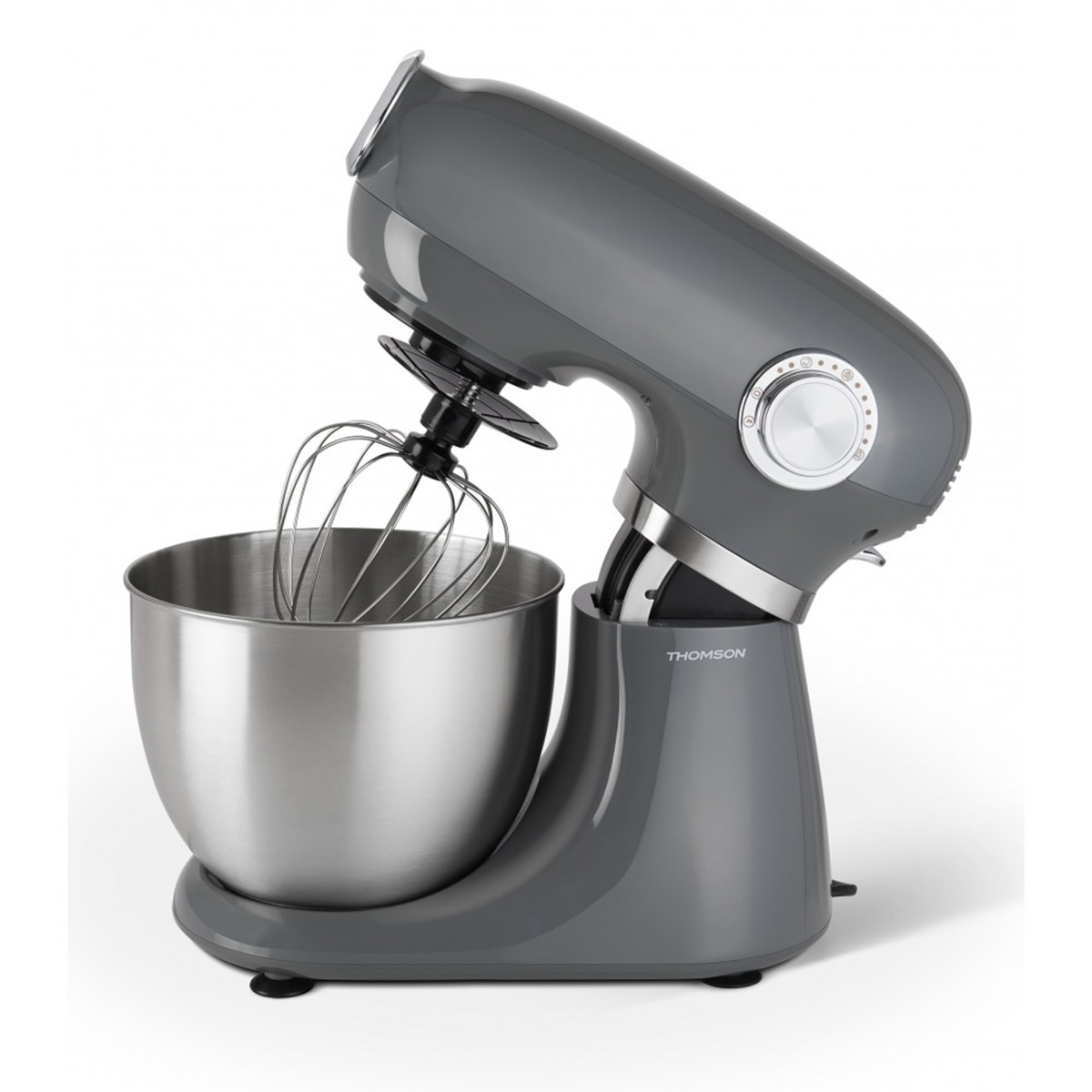 Una batidora de pie Thomson gris con un cuenco de acero inoxidable.