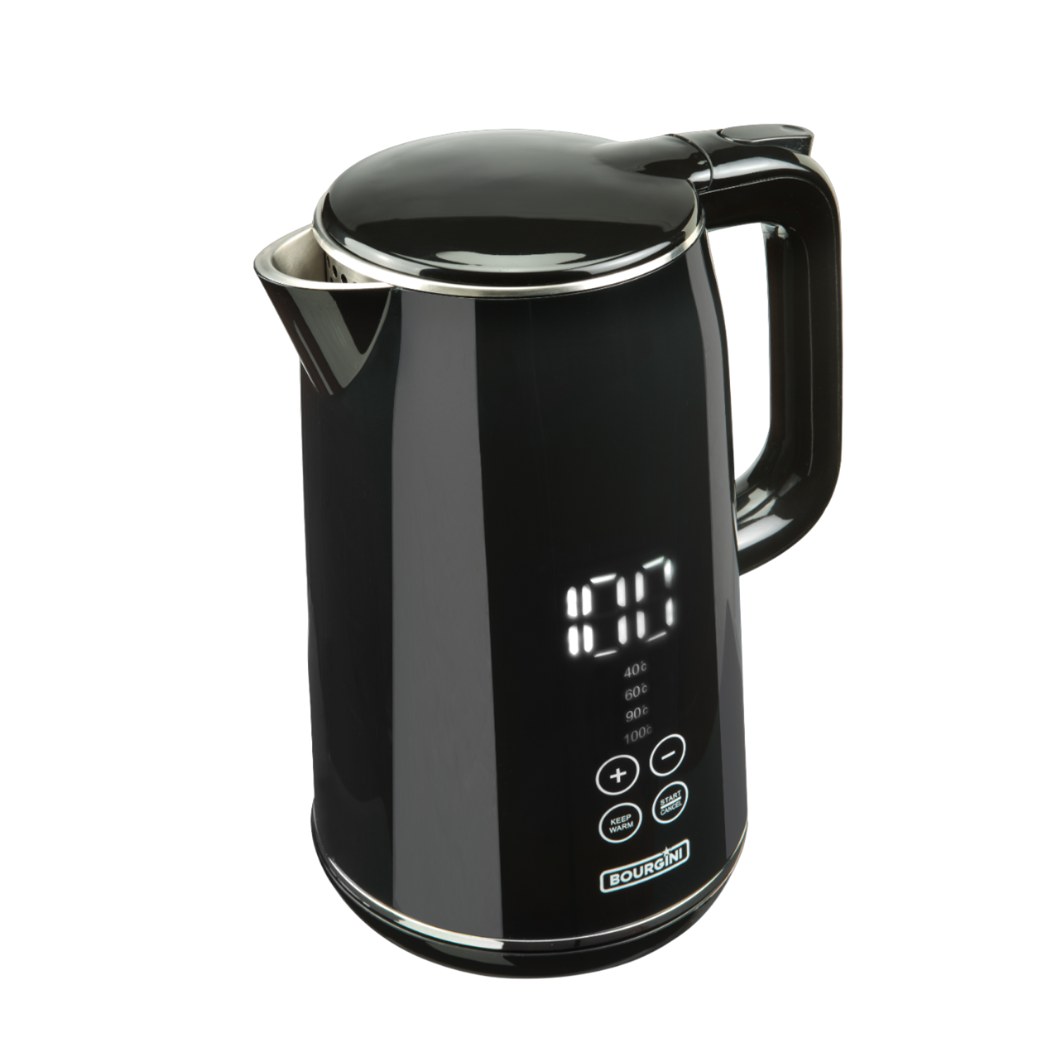 Black electric kettle with digital display showing temperature.