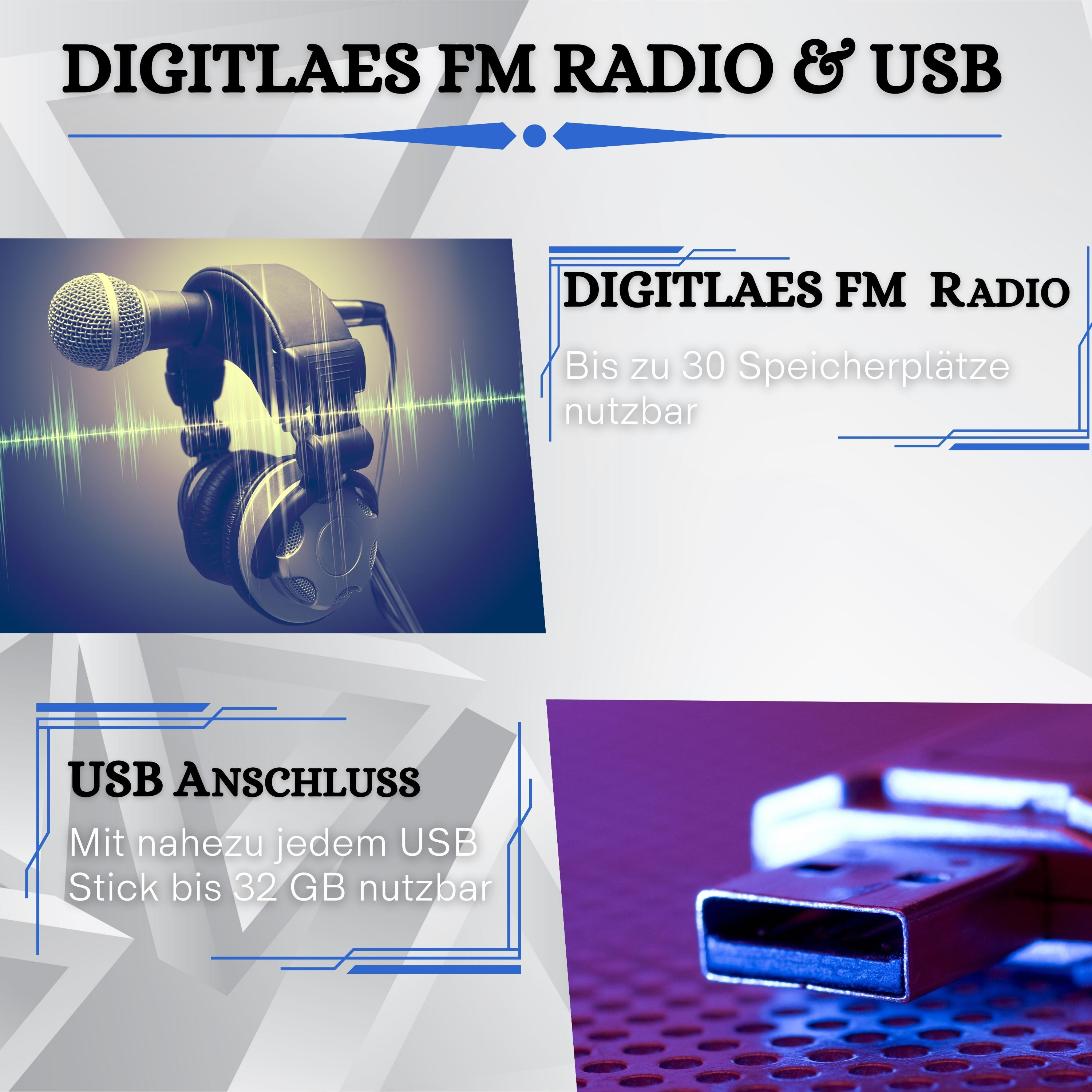 Immagine con funzioni radio e USB. Sono presenti cuffie e chiavetta USB. Etichette di testo.