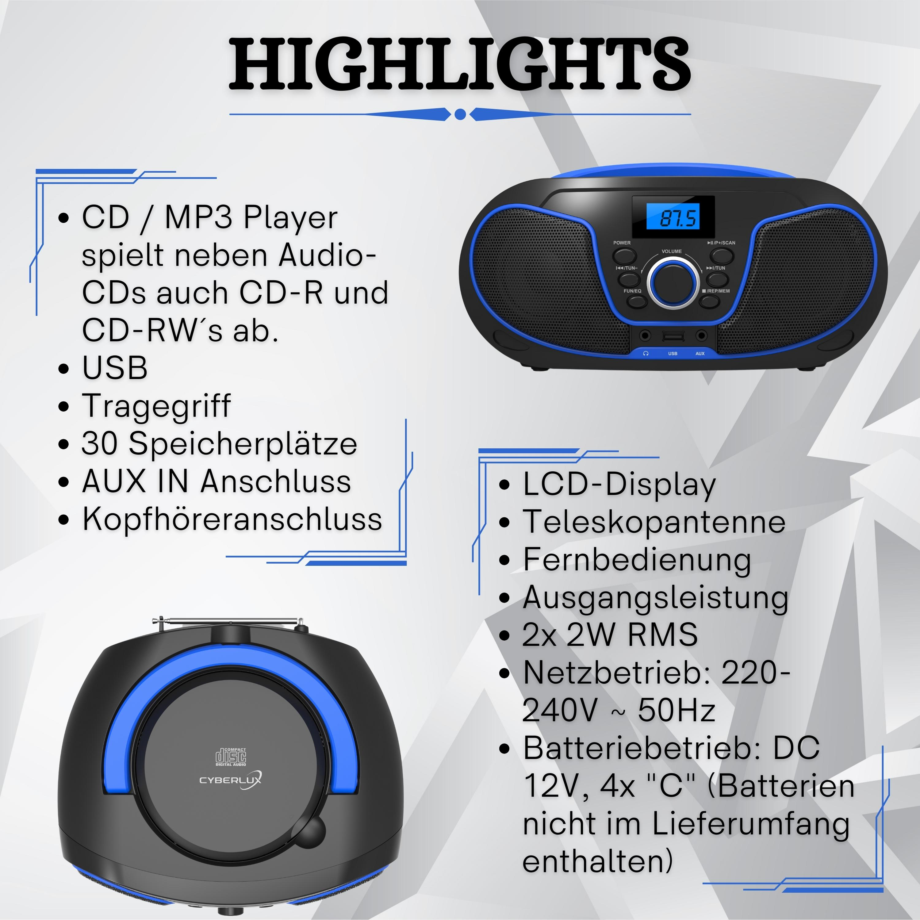 Un grafico che mostra le caratteristiche di uno stereo. Include lettore CD/MP3 e porta USB.