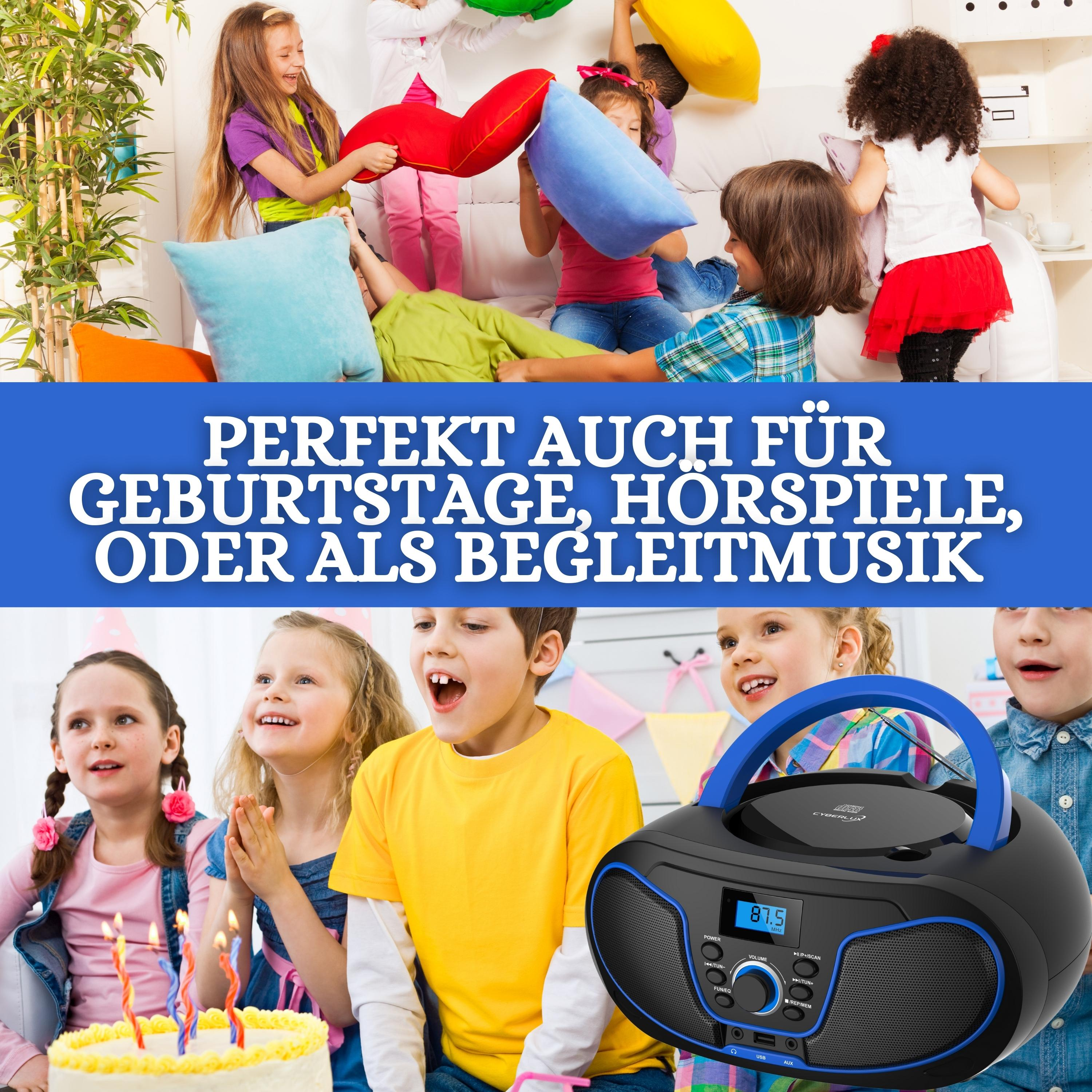 I bambini giocano con uno stereo. Una torta di compleanno è visibile. Il testo dice: