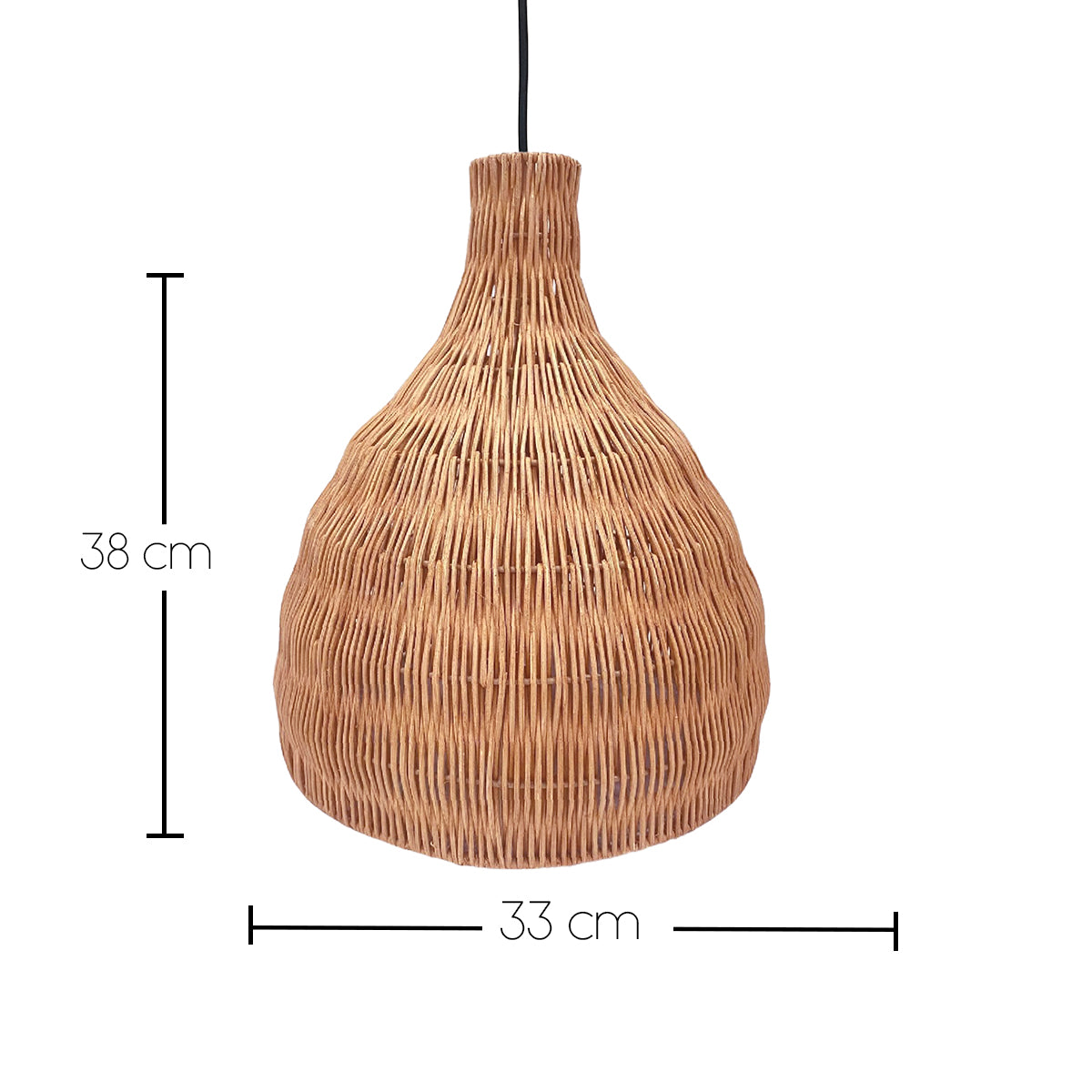 Pendelleuchte aus Weide mit Maßen. Die Lampe ist braun und hat eine natürliche Textur.
