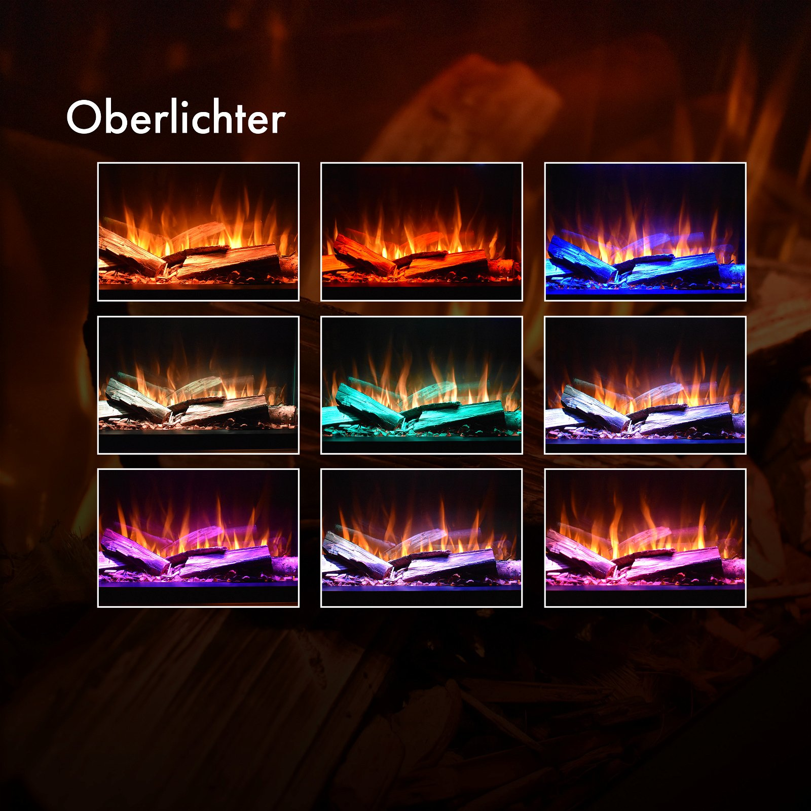 Neun Bilder eines Kamins mit unterschiedlich farbigen Flammen: orange, rot, blau, weiß, grün, lila, rosa und andere.