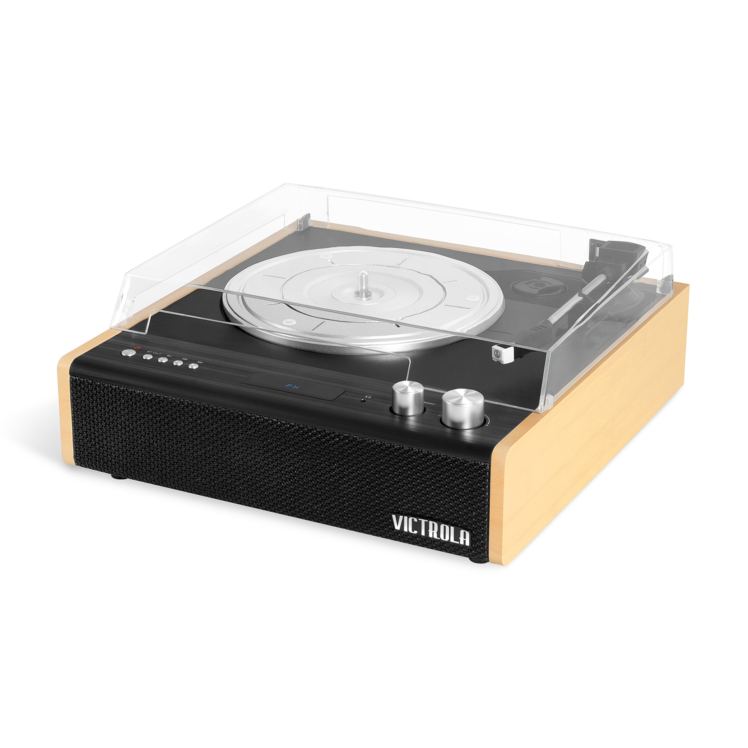 Un giradischi Victrola con coperchio trasparente e finiture in legno, su sfondo bianco.