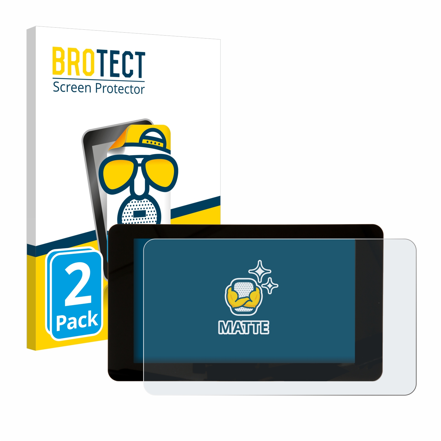 Tablet, Displayschutzfolie und Verpackung. Protector mit MATTE beschriftet. BROTECT-Markenverpackung.