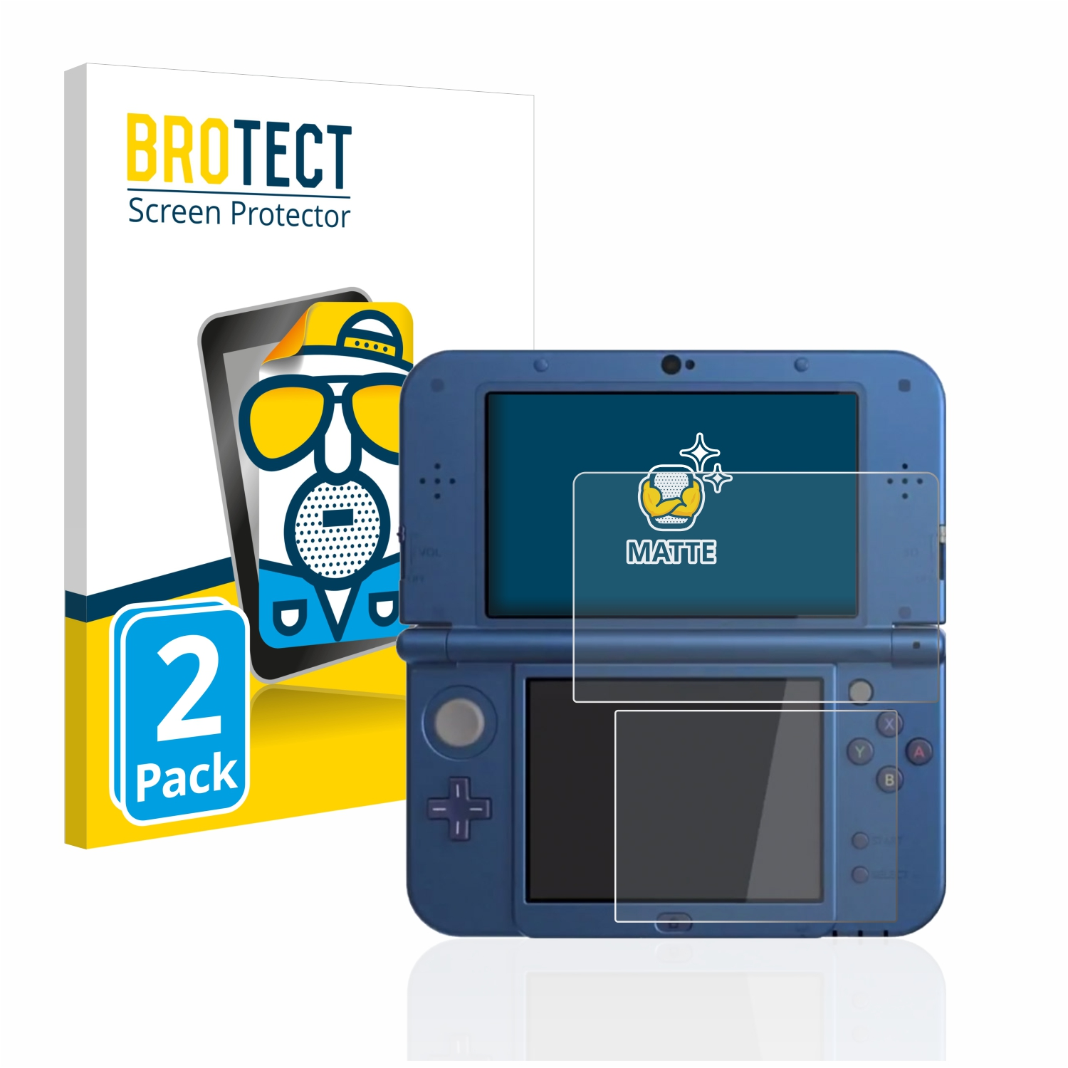 Blaues 3DS mit Displayschutzfolie und Verpackung mit Cartoon. Der Schutz sagt 'MATTE'.