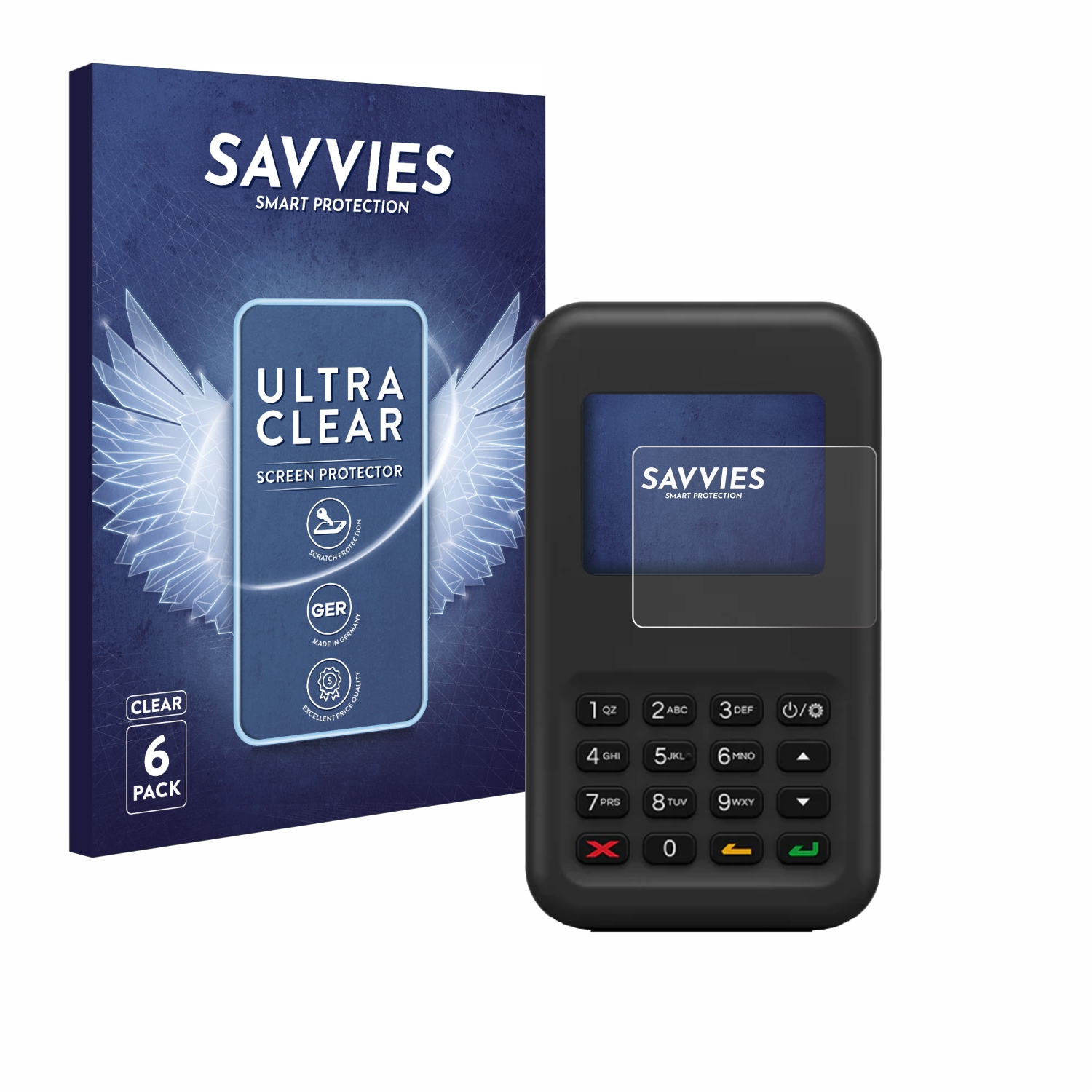 Schwarzes Gerät mit Displayschutzfolie und eine Verpackung mit Text 'Ultra Clear Screen Protector'.