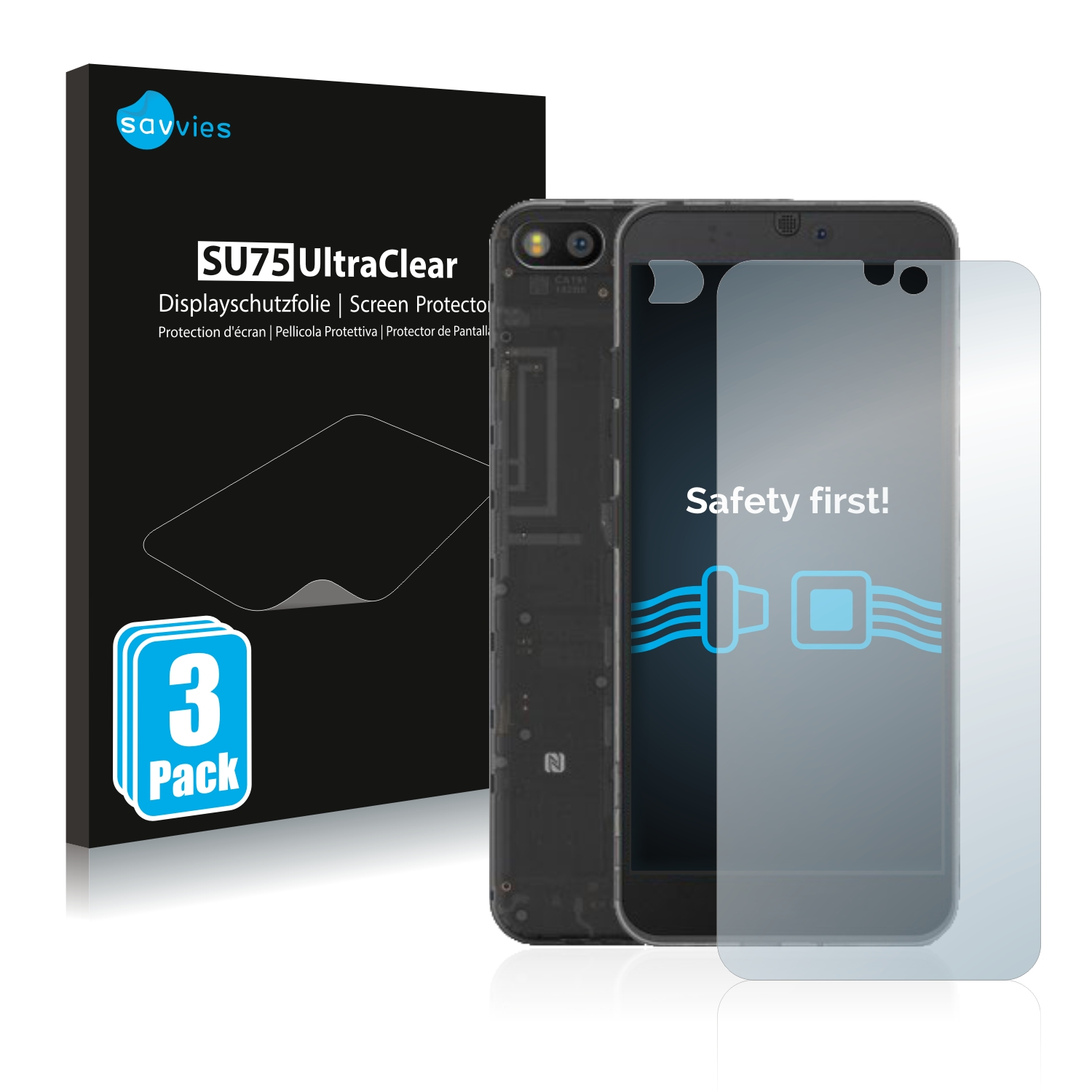 Ein Telefon mit Displayschutz und Box. Der Displayschutz hat einen blauen Text: Safety first!