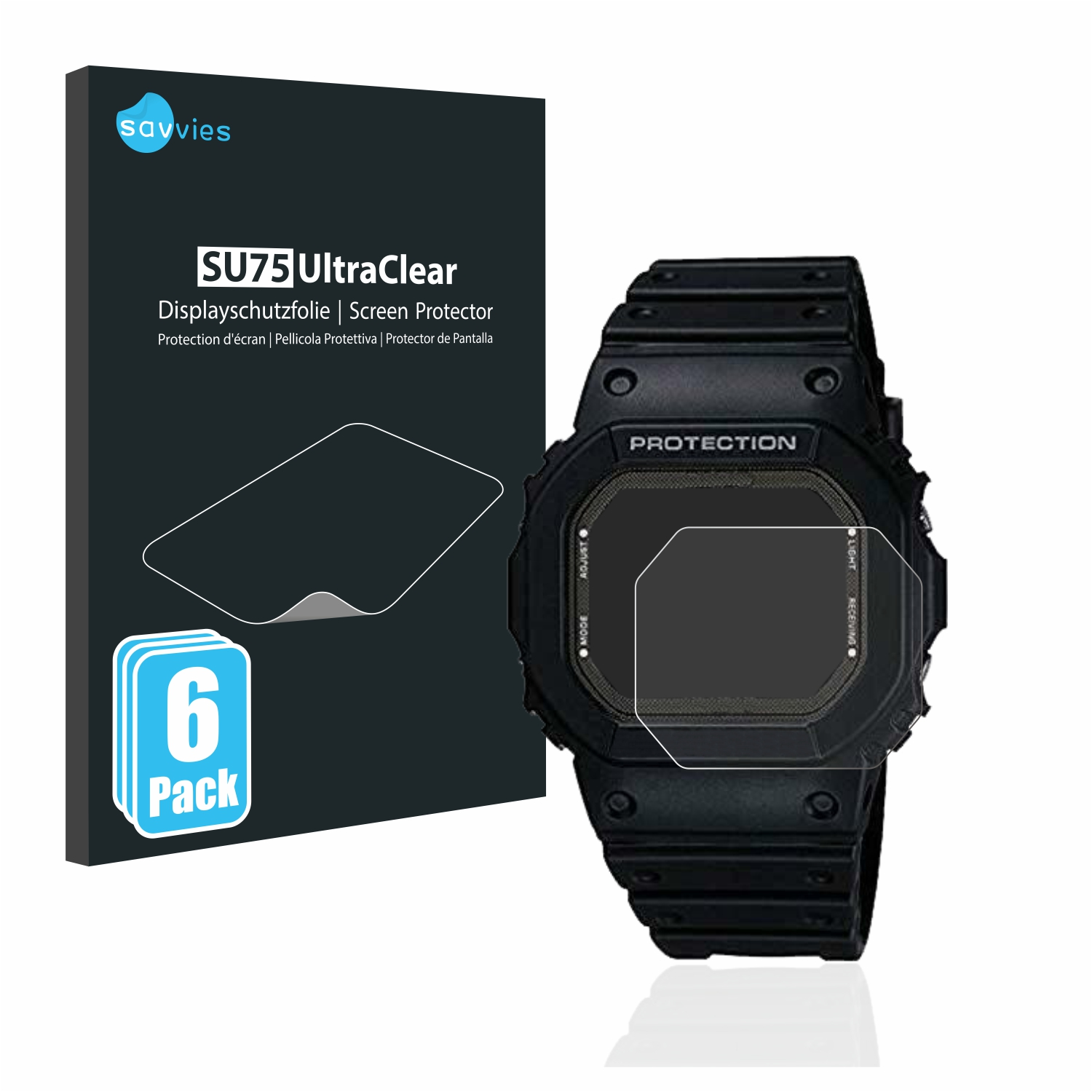 Eine schwarze Uhr, ein Displayschutz und eine Box. Der Protektor ist auf der Uhr.