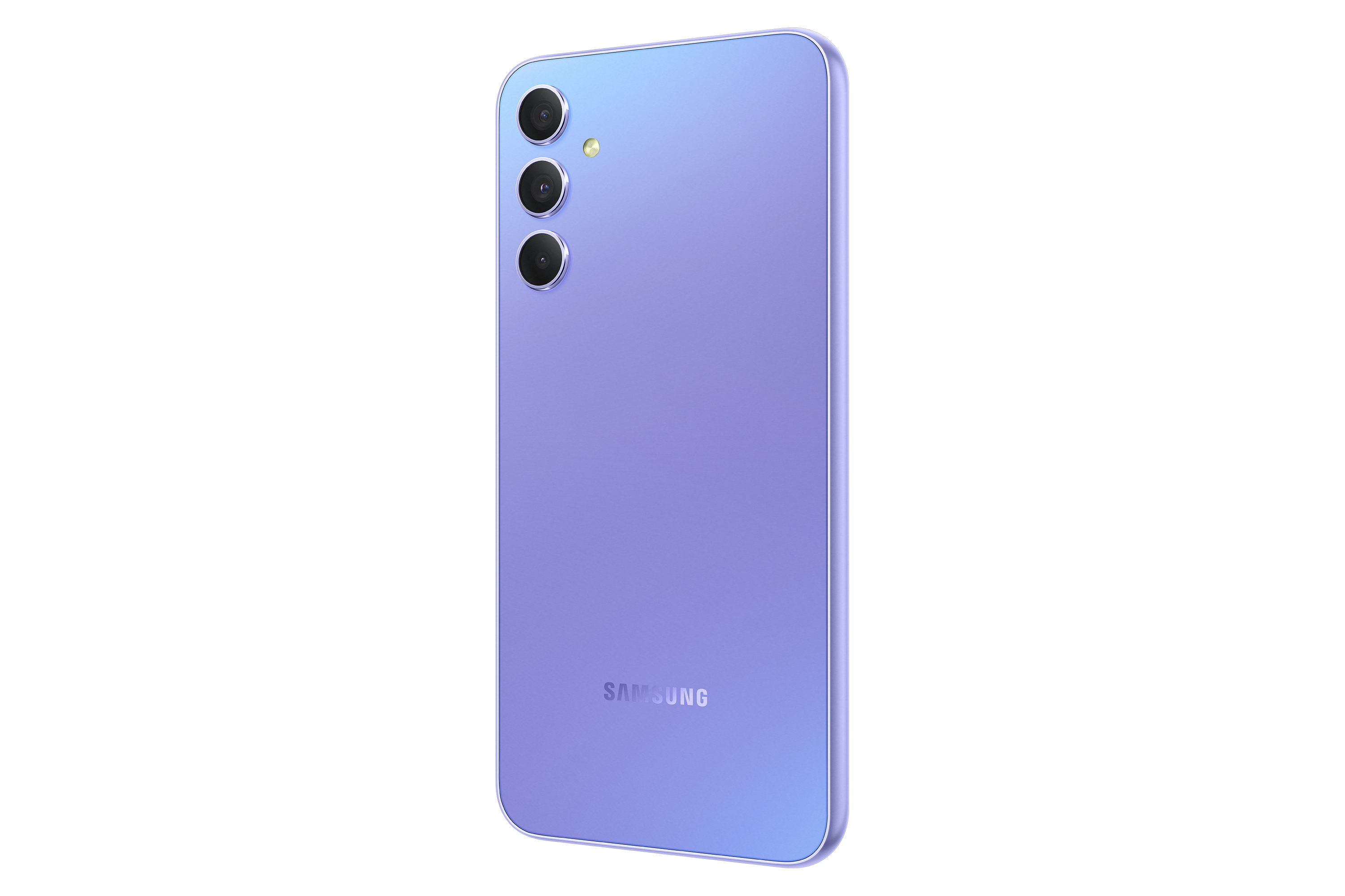 Lilafarbenes Smartphone mit drei Rückkameras, Samsung-Logo, schwarzer Hintergrund.