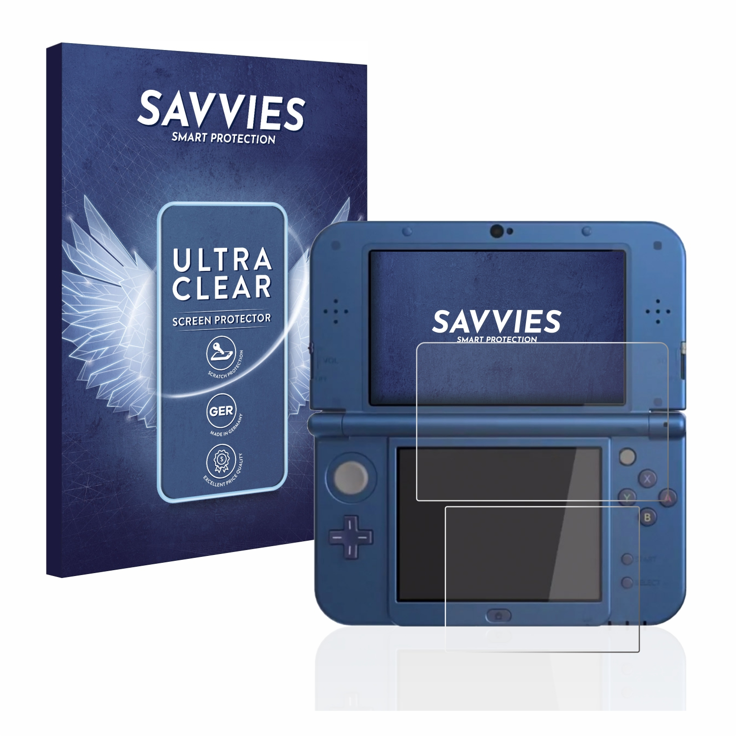 Blaue Handheld-Konsole mit Displayschutzfolie und Verpackung. Schutz über dem Bildschirm, Verpackung im Hintergrund.