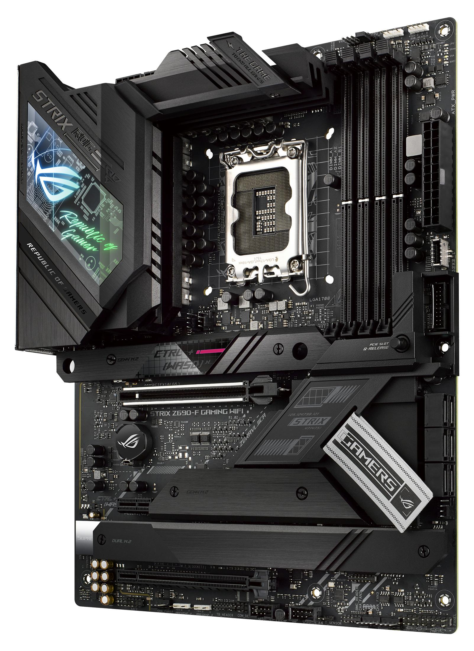 Placa base de computadora negra y gris con varios componentes. Vista detallada.
