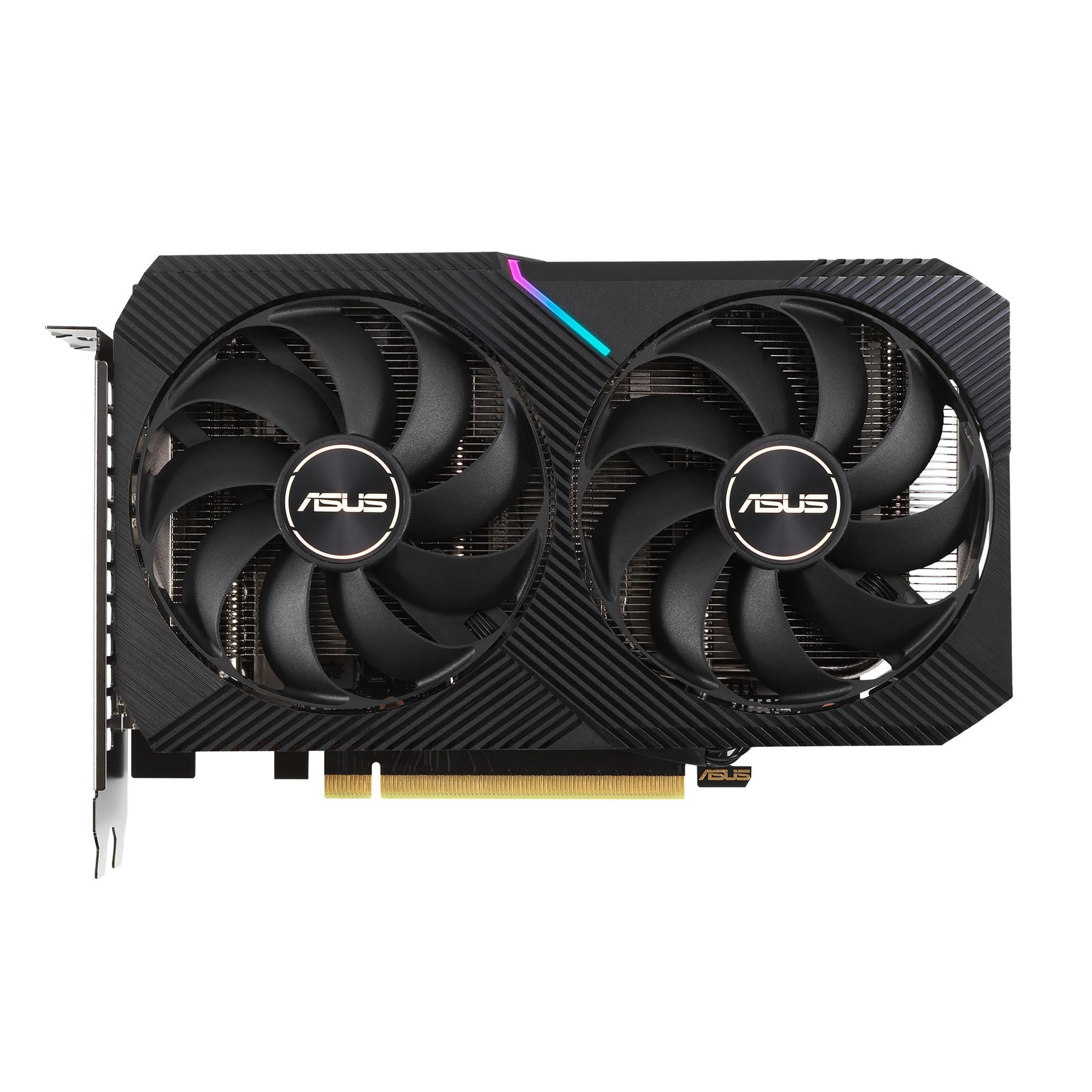 Una scheda grafica ASUS nera con due ventole, un involucro nero e un connettore dorato.