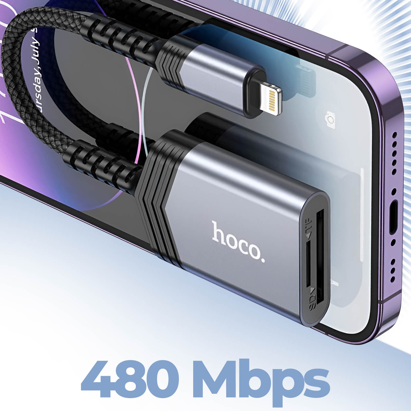 Silberner Adapter, verbunden mit einem Telefon, Lightning-Kabel, SD-Kartensteckplatz, mit dem Wort '480 Mbps'.