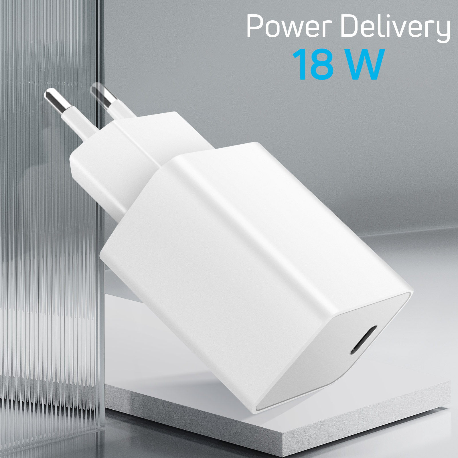 Weißes Ladegerät mit Text 'Power Delivery 18W'.