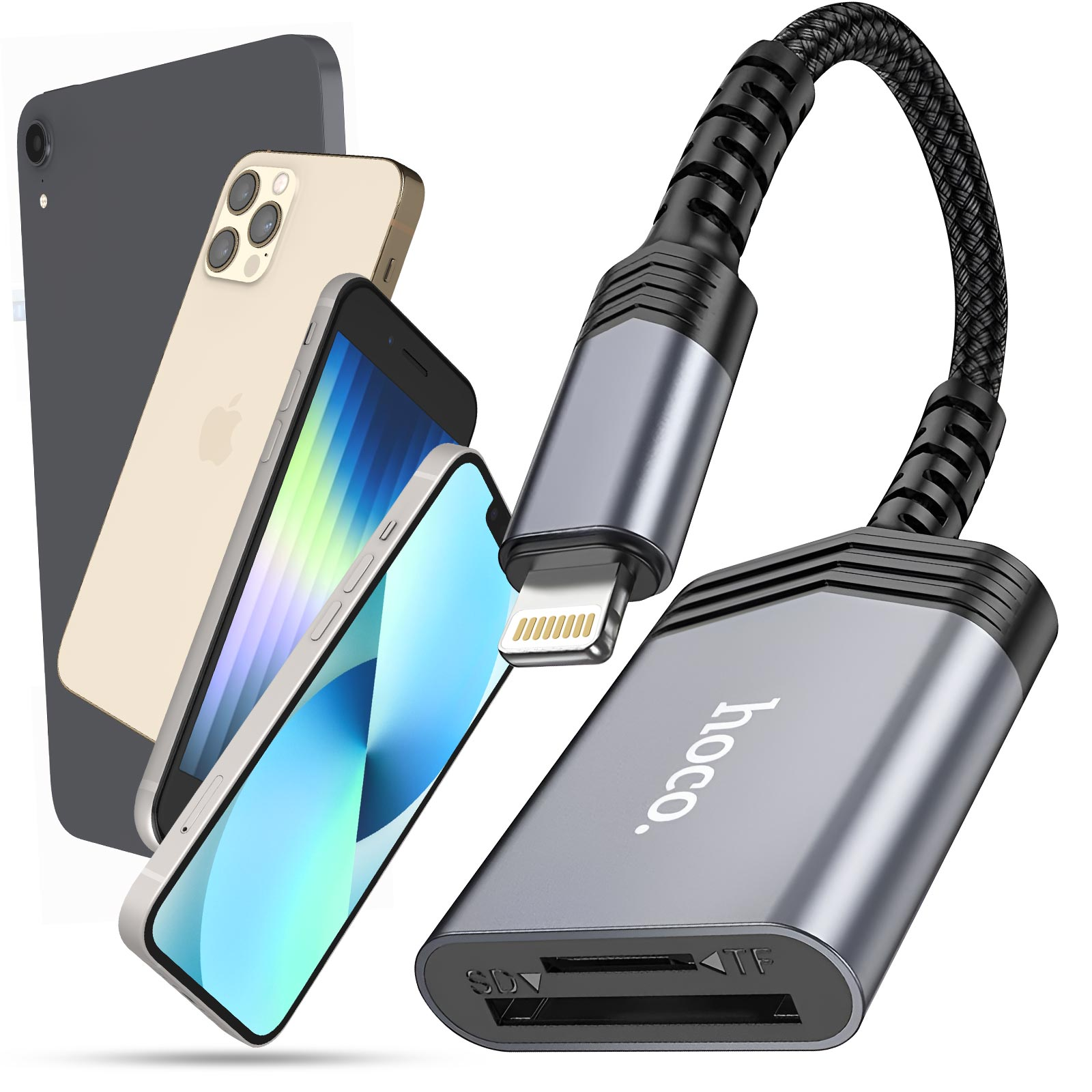 Ein grauer Kartenleser mit Lightning-Anschluss. Telefone sind im Hintergrund.