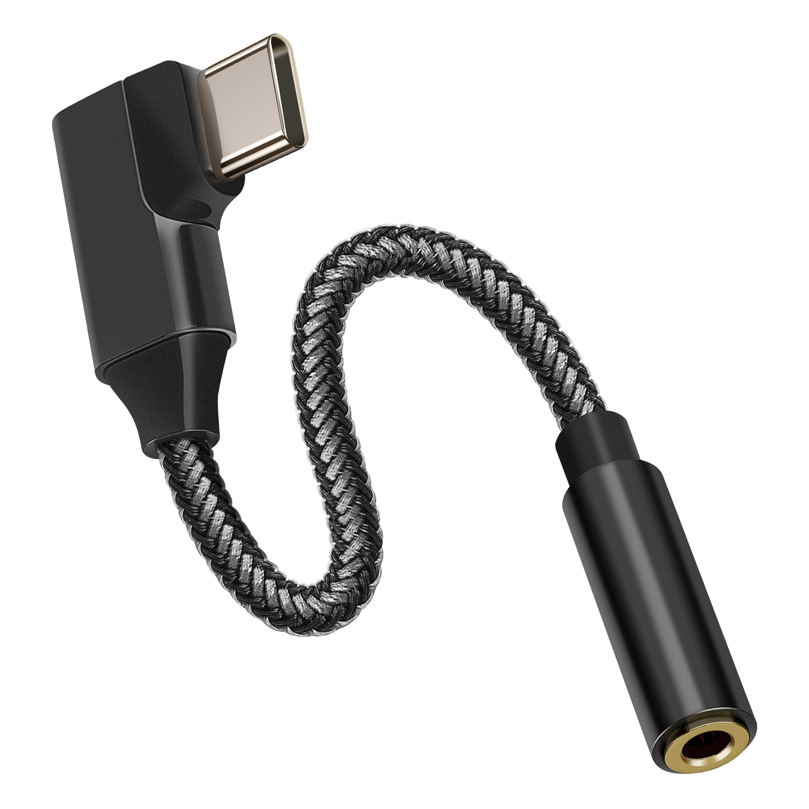 Un cable adaptador de audio USB-C en ángulo negro a 3,5 mm. Tiene un cable trenzado y un conector dorado.