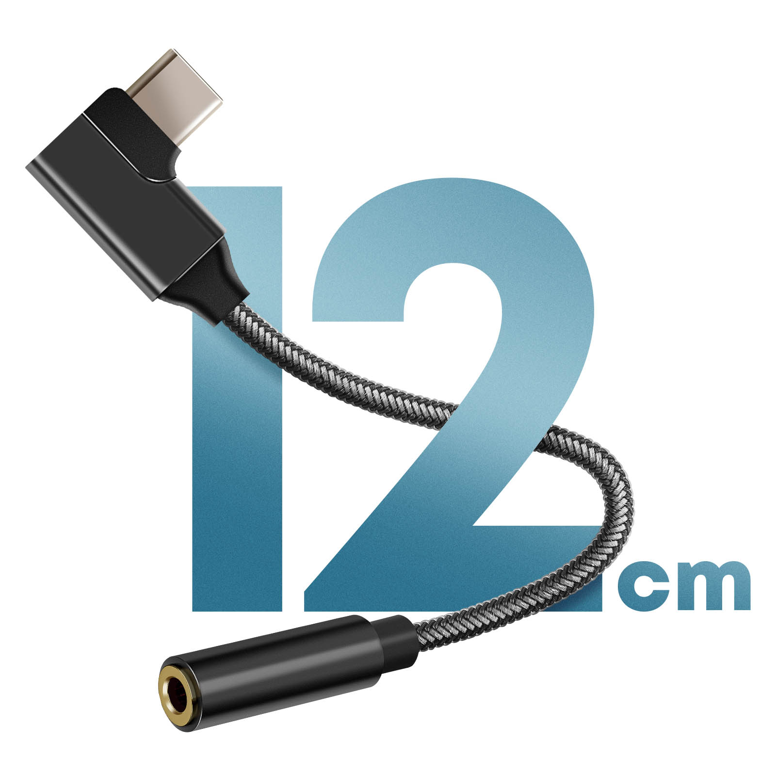 Cable adaptador de audio USB-C a 3,5 mm negro, con etiqueta de medición de 12 cm de fondo.