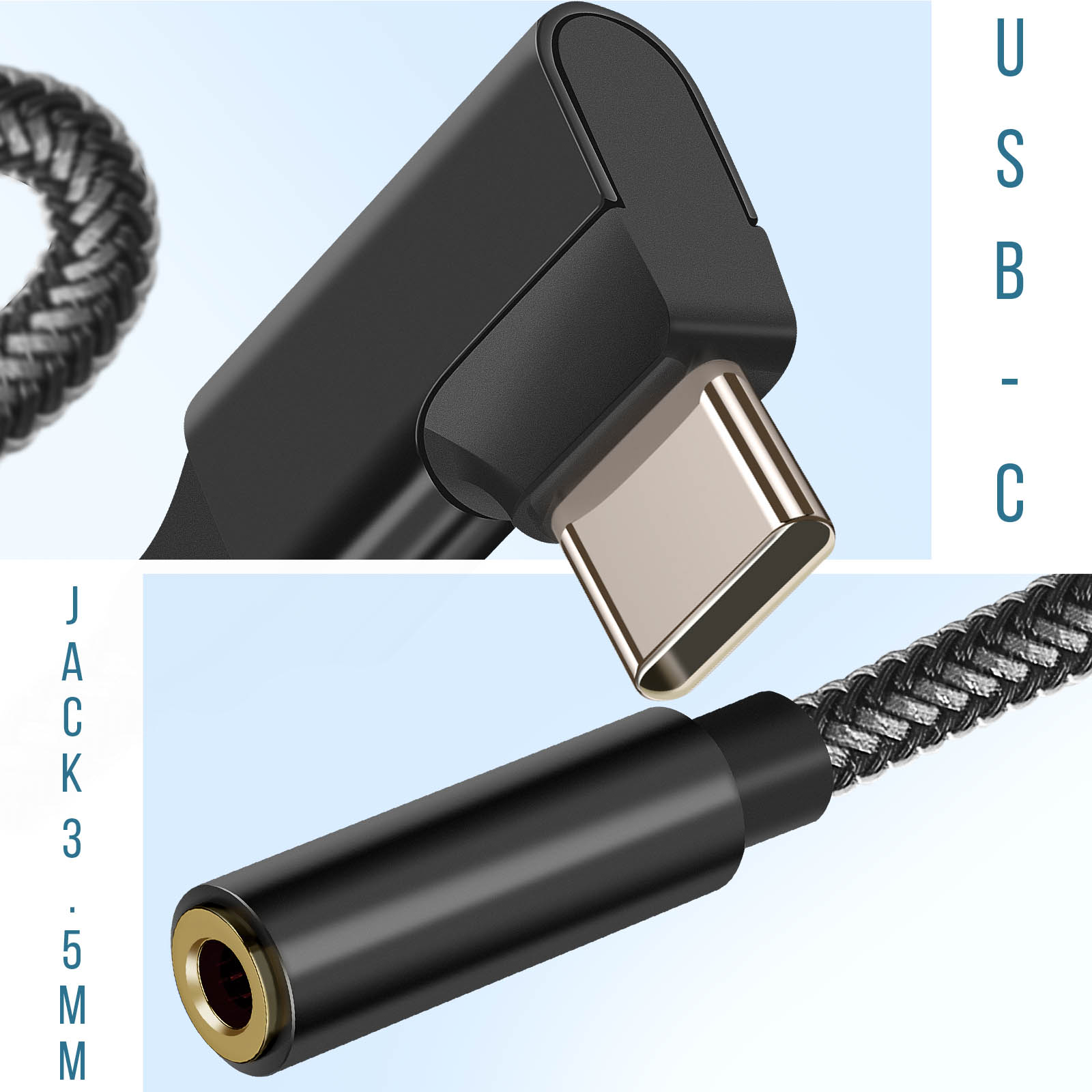 Cable USB-C a jack de 3,5 mm con diseño negro y plateado, sobre fondo azul.