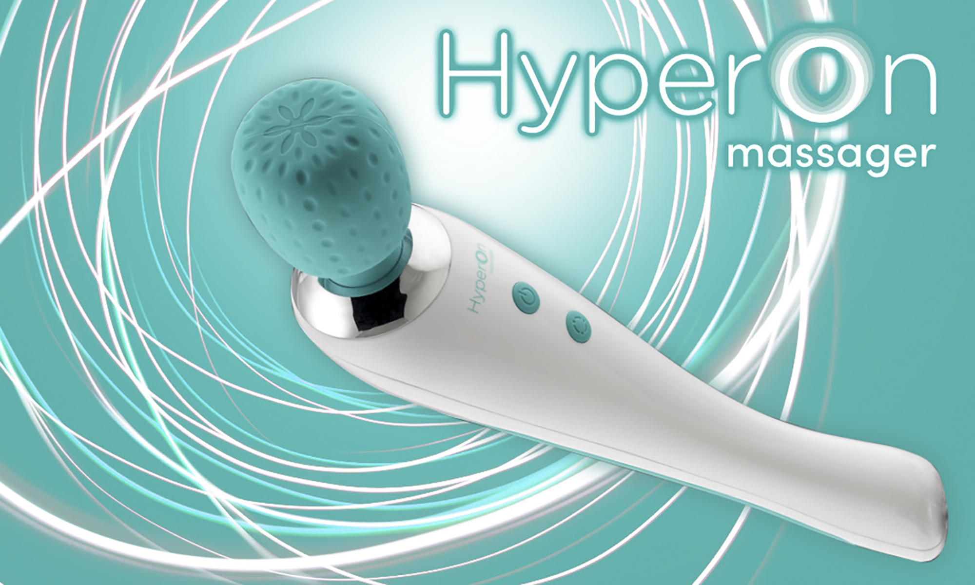 Weißes und blaues Massagegerät mit den Worten "HyperOn Massagegerät".