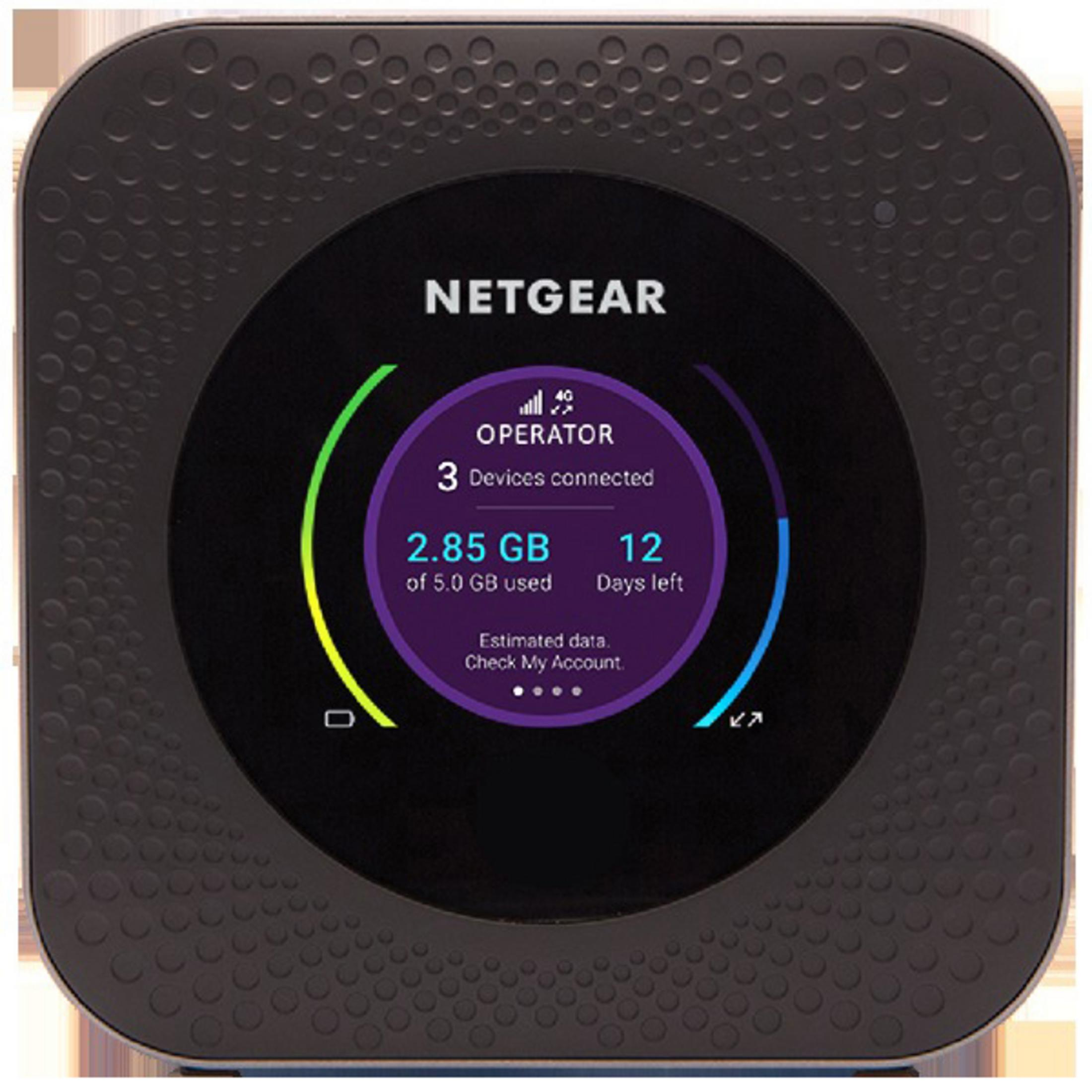Ein schwarzes Netgear Mobile Hotspot Gerät mit einem kreisförmigen Bildschirm, der Datennutzung und verbundene Geräte anzeigt.