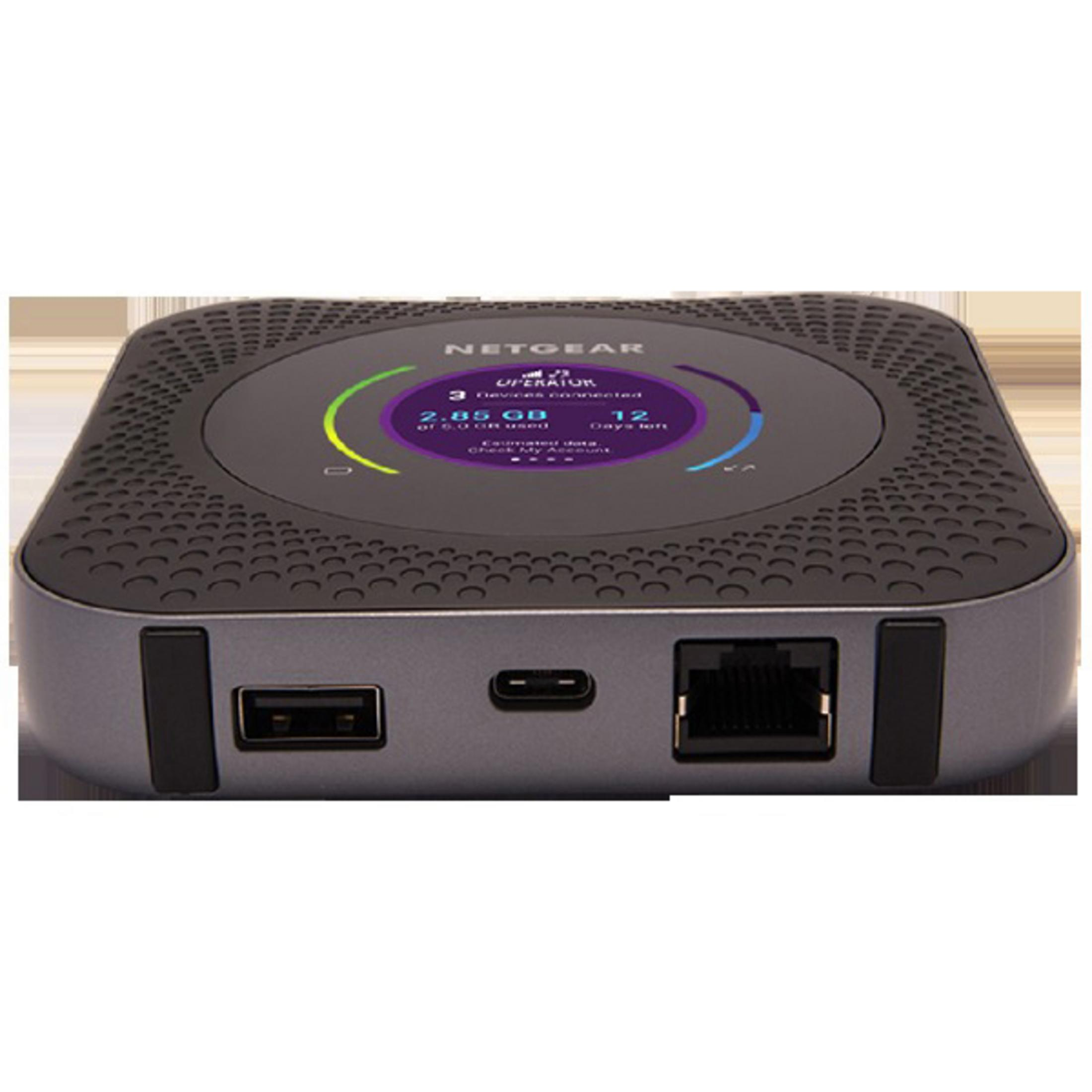 Ein Netgear Router auf weißem Hintergrund. Er zeigt Daten auf einem Bildschirm mit USB- und Ethernet-Anschlüssen.