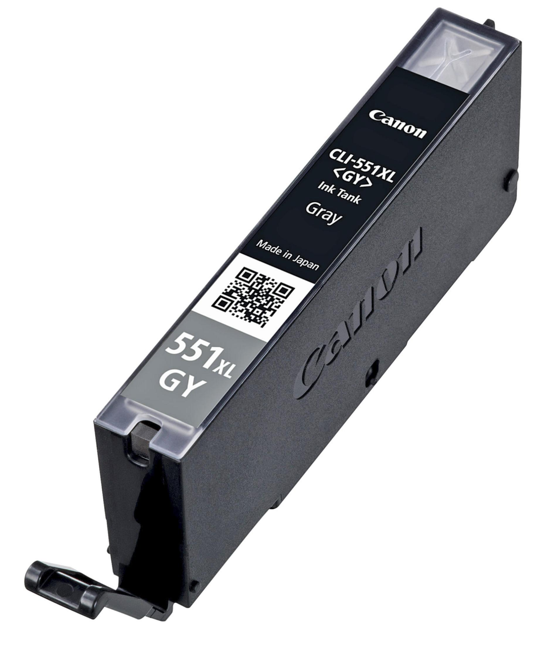 Een Canon 551XL GY inktcartridge. De cartridge is grijs en zwart, met het Canon-logo erop.