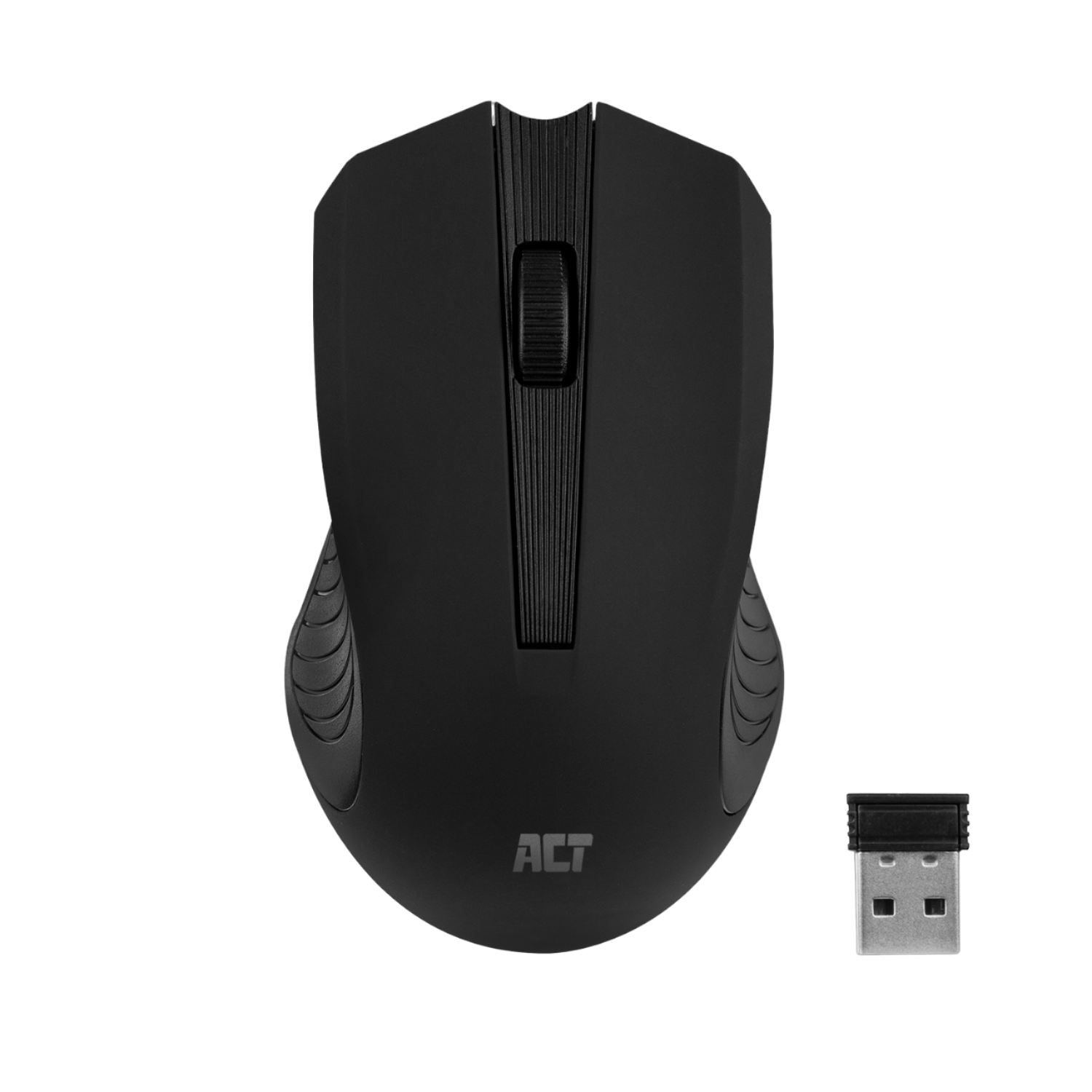 Czarna mysz bezprzewodowa z kółkiem przewijania i odbiornikiem USB obok.