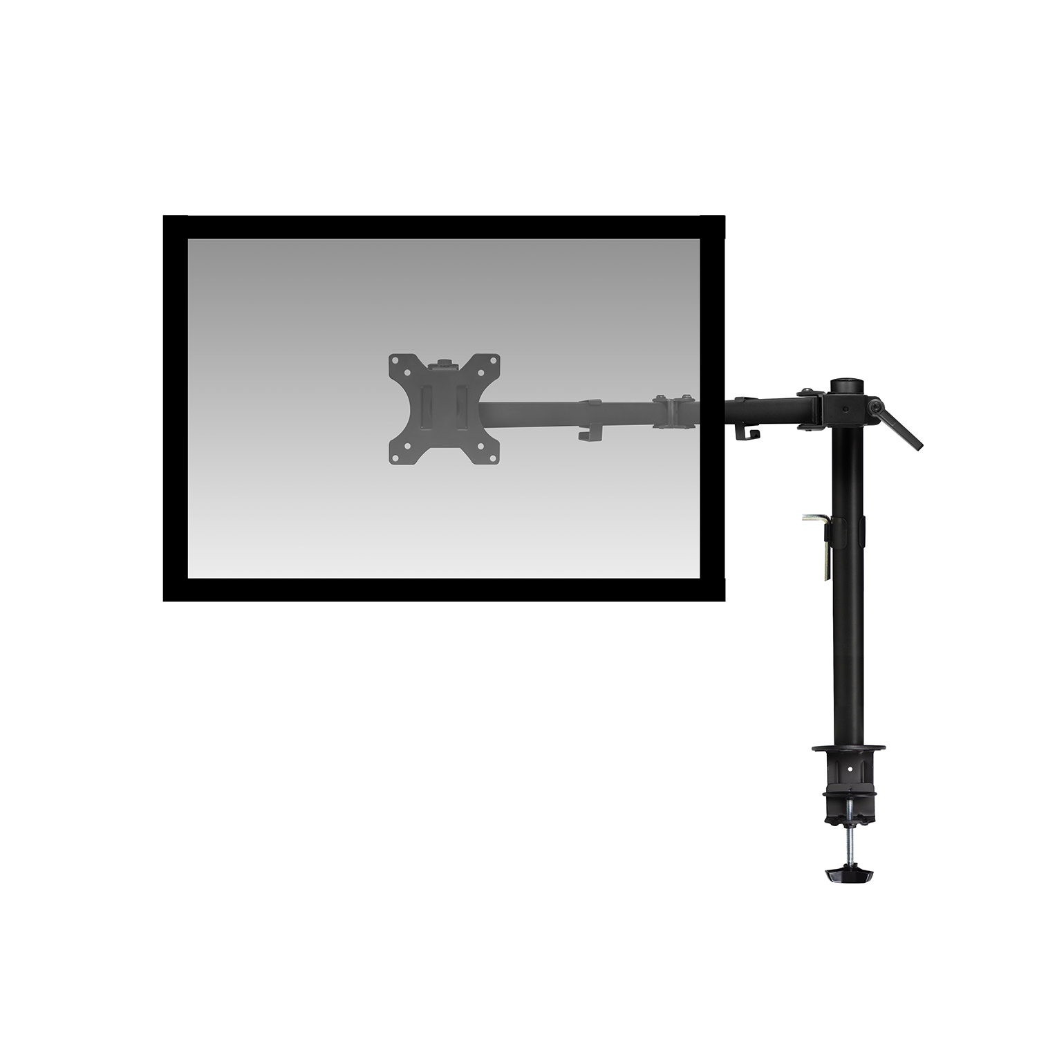 Monitorhalterung mit schwarzem Arm und Halterung auf weißem Hintergrund, mit Monitorform.