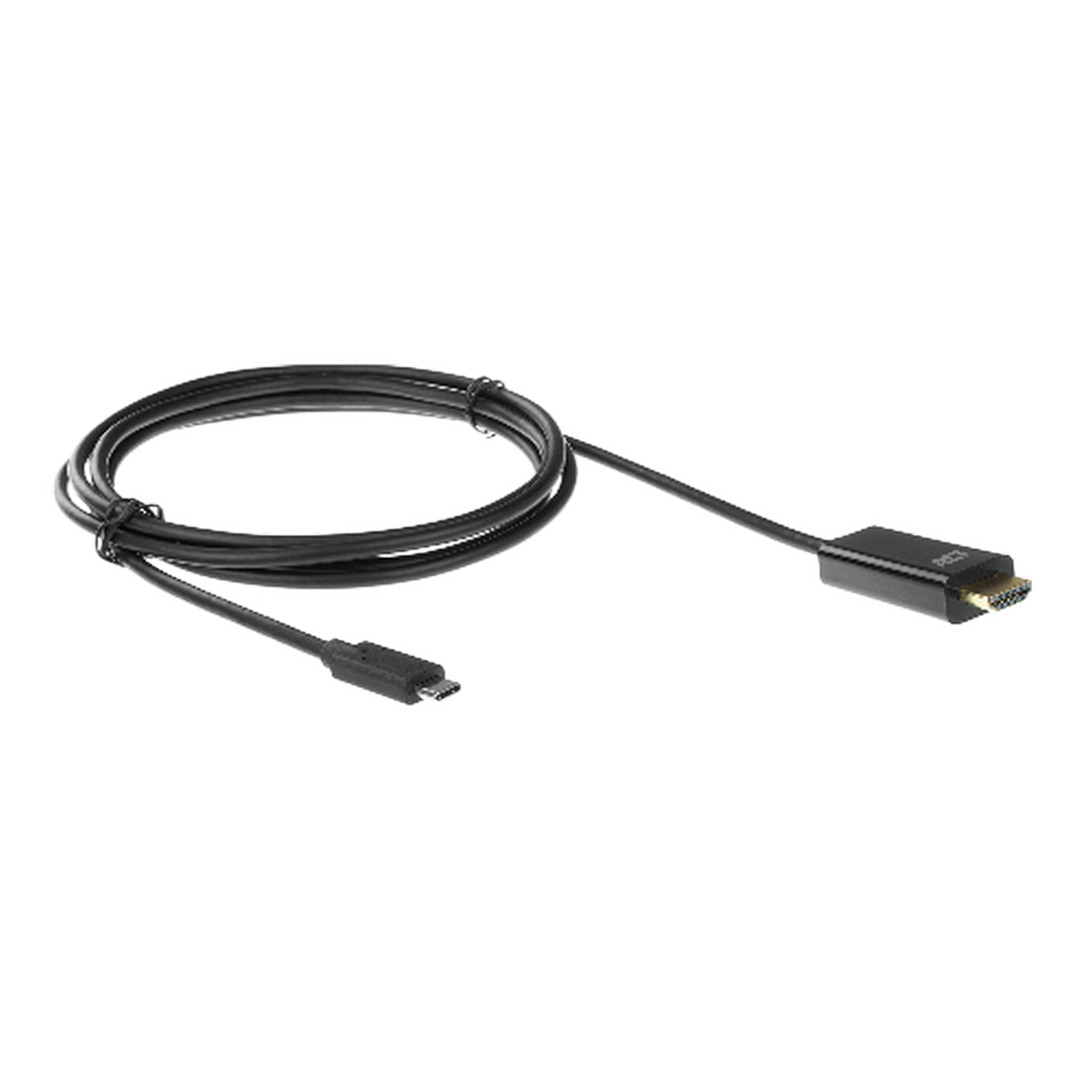 Een zwarte USB-C naar HDMI-kabel is opgerold op een zwarte achtergrond, met connectoren aan beide uiteinden.