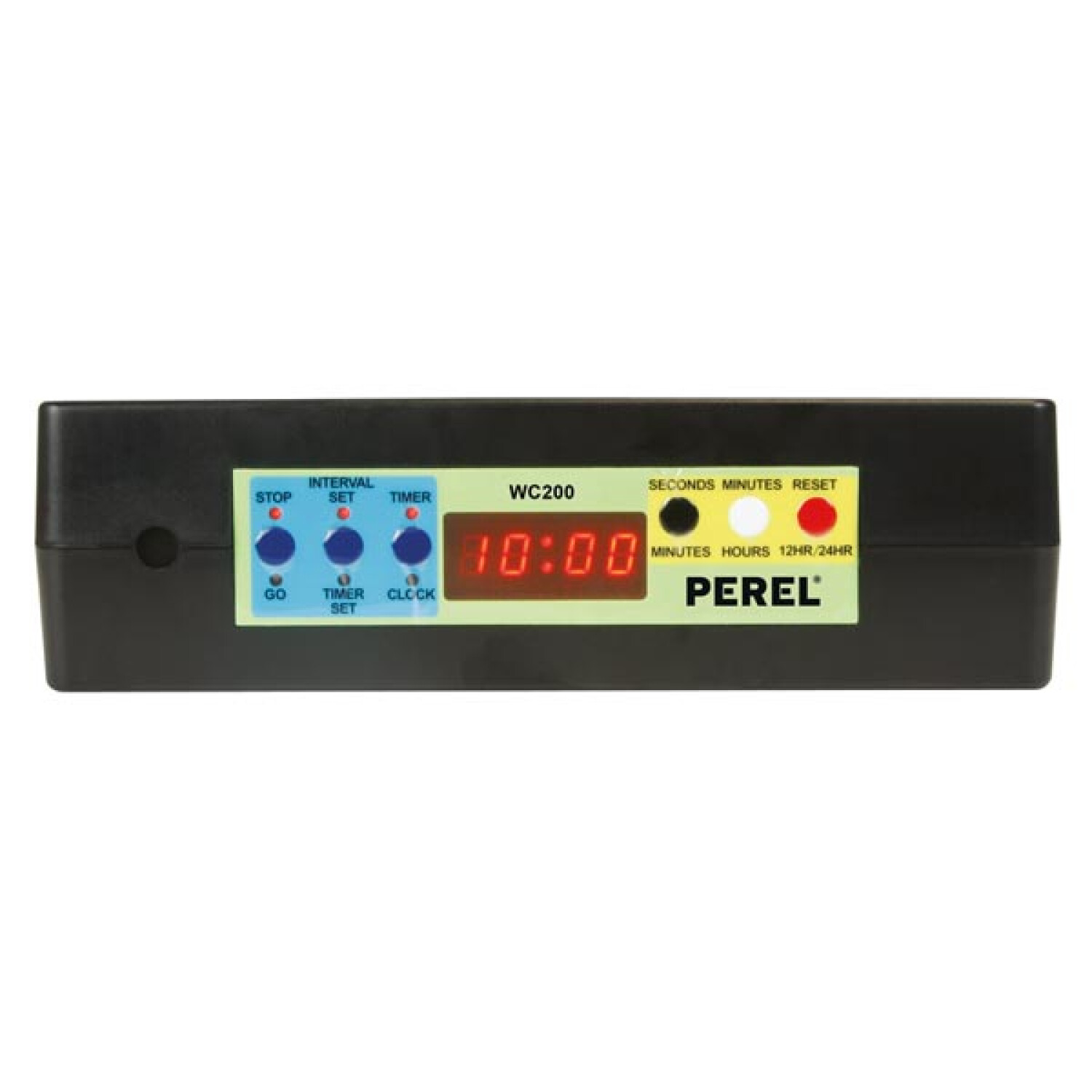 Schwarzes Timer-Gerät mit roter Digitalanzeige. Zeigt 10:00. Knöpfe für Intervall, Timer, Uhr und andere Einstellungen.
