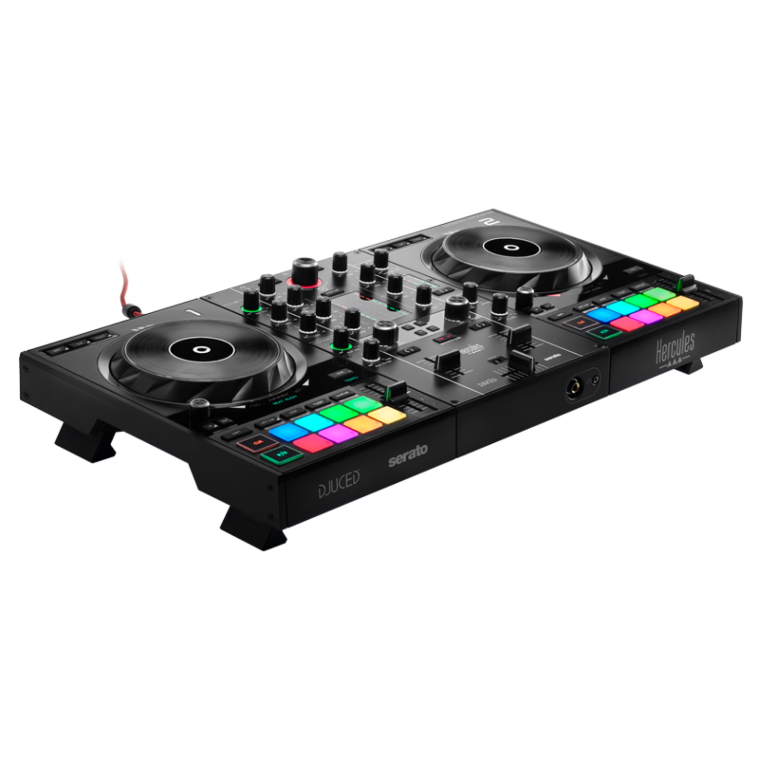 Een zwarte DJ-controller met kleurrijke knoppen en twee draaitafels.
