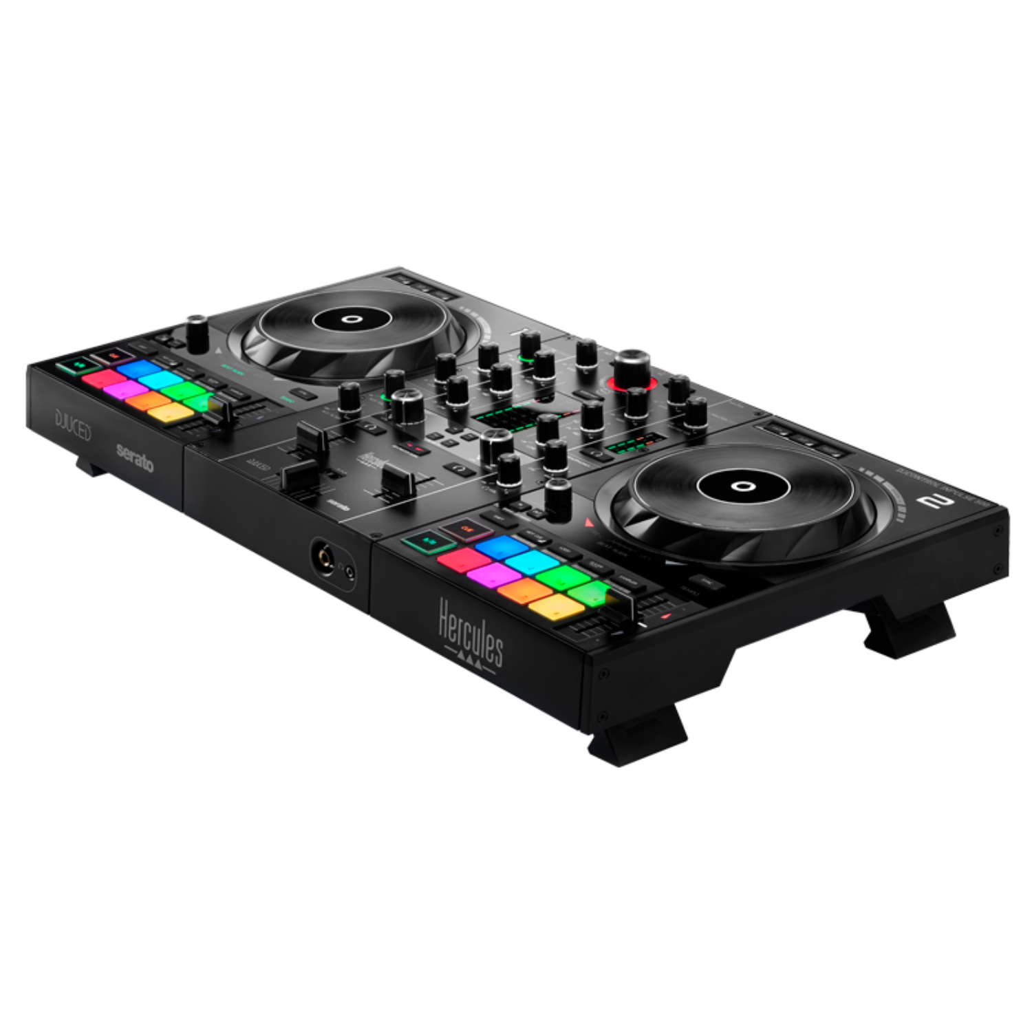 Zwarte DJ-controller. Het heeft twee decks, knoppen, knoppen en gekleurde pads.