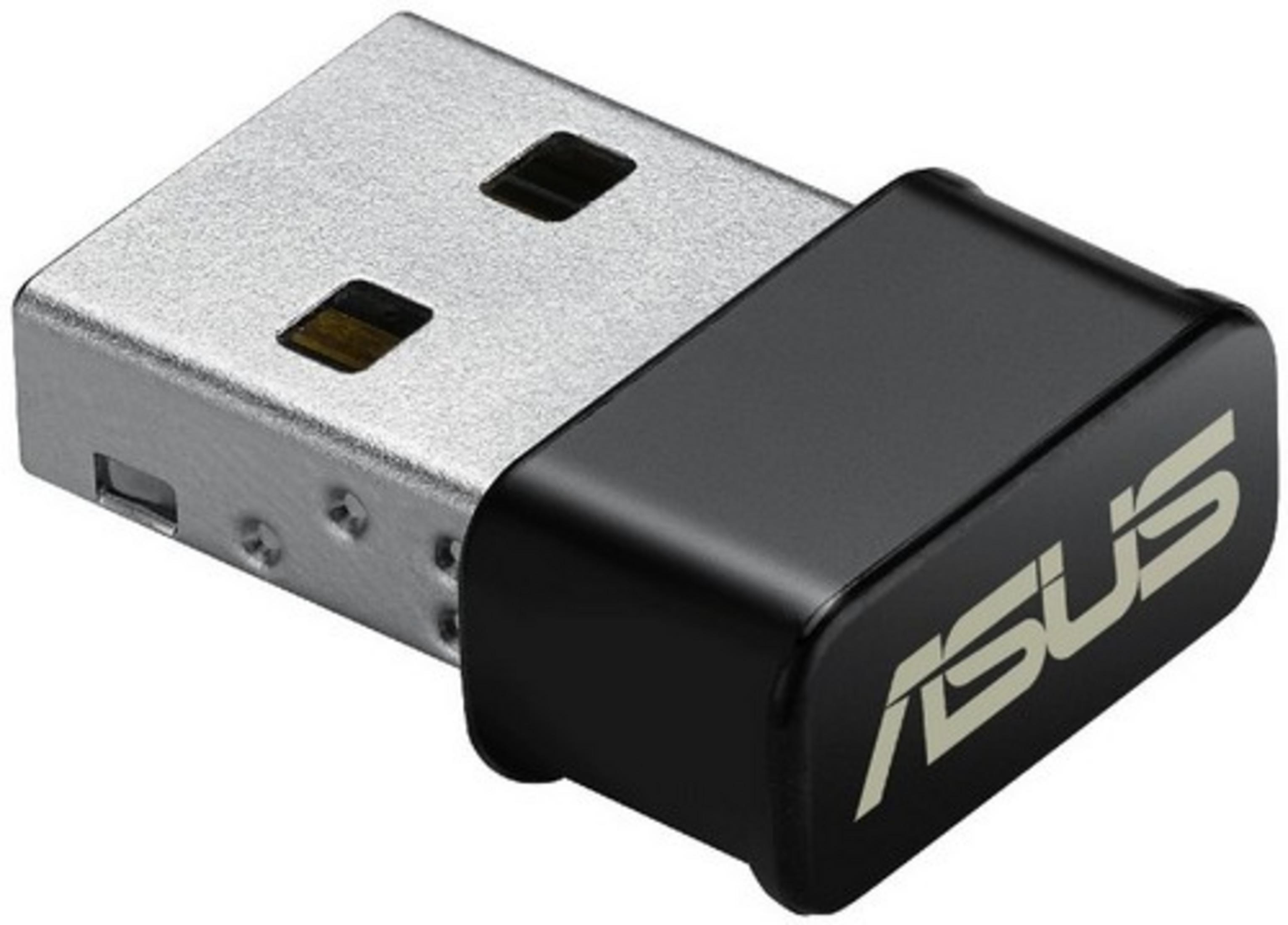ASUS USB Wi-Fi-Adapter, schwarz und silber. Rechteckige Form, mit dem ASUS-Logo.