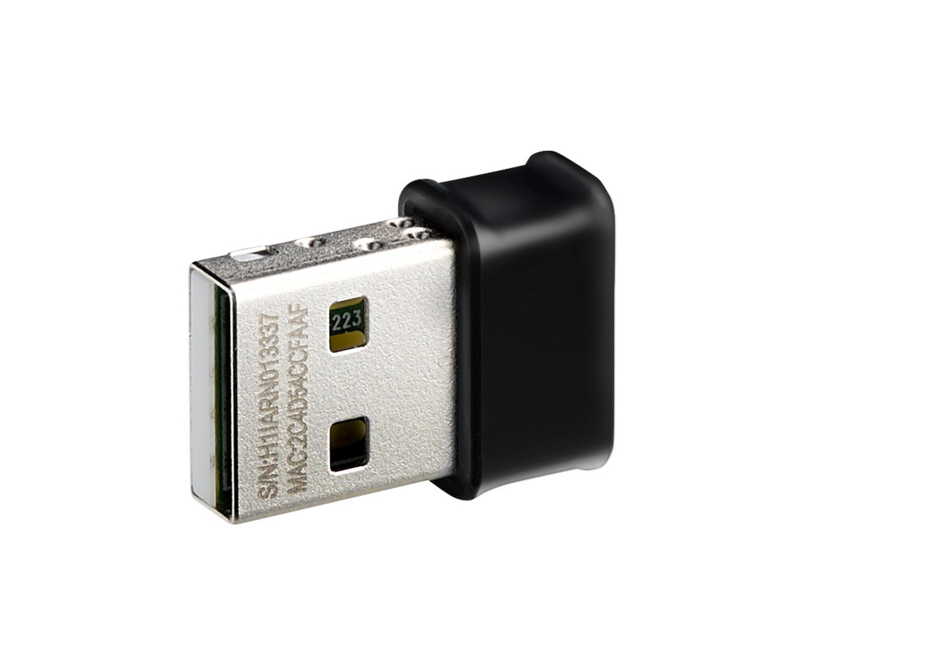 Ein USB-Dongle, schwarz mit silbernem USB-Anschluss, weißer Hintergrund.