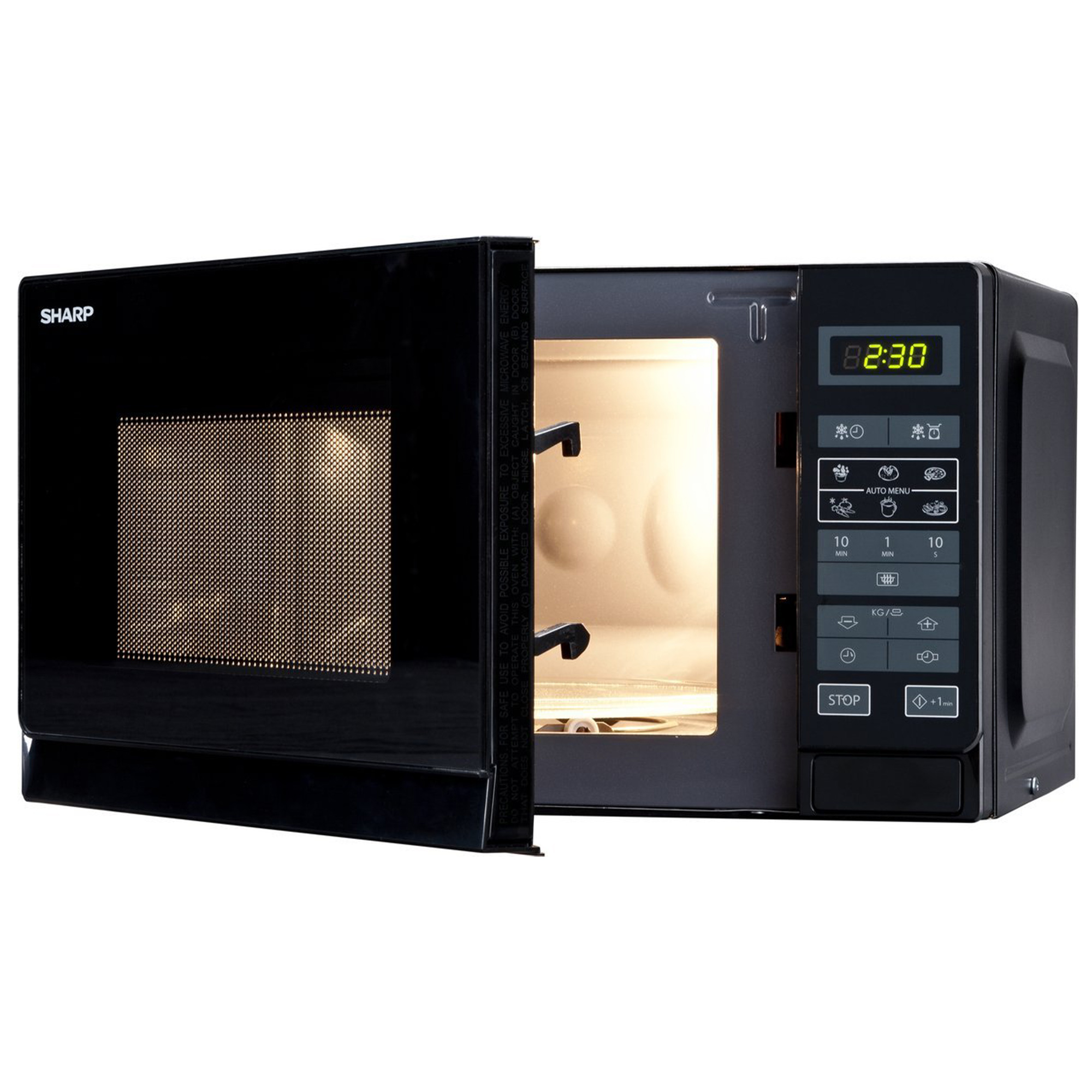 Forno a microonde nero con la porta aperta, che mostra l'interno e il pannello di controllo.