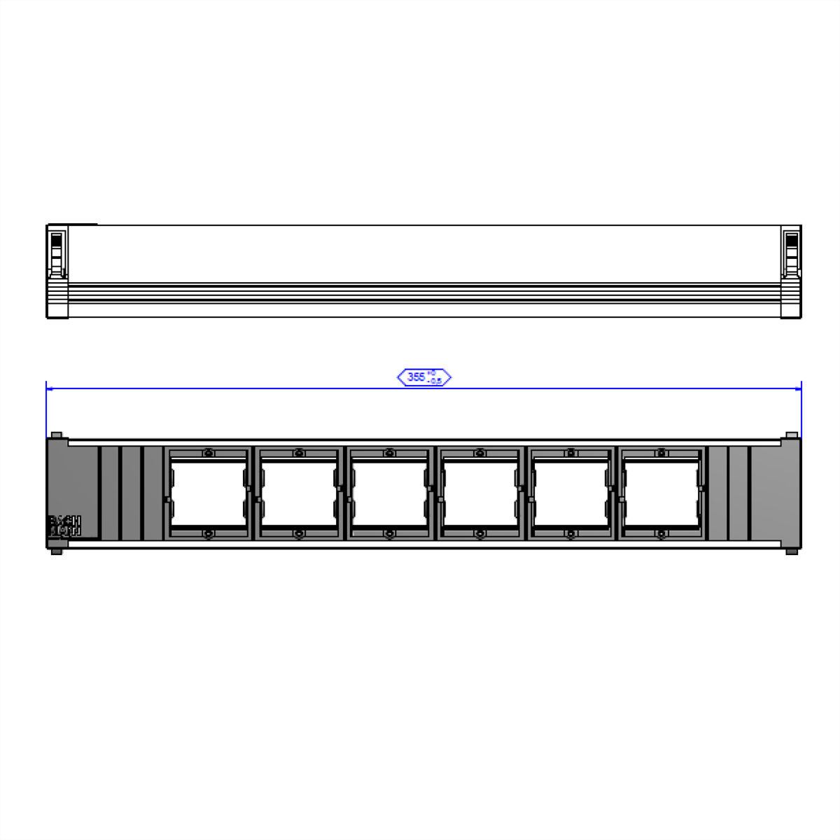 Technische Zeichnung eines Rack-Mounts mit Abmessungen und verschiedenen Aussparungen für die Geräteinstallation.