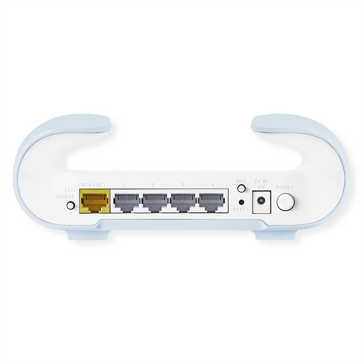 Ein hellblauer WLAN-Router mit Anschlüssen, beschrifteten Tasten und einem Stromeingang.