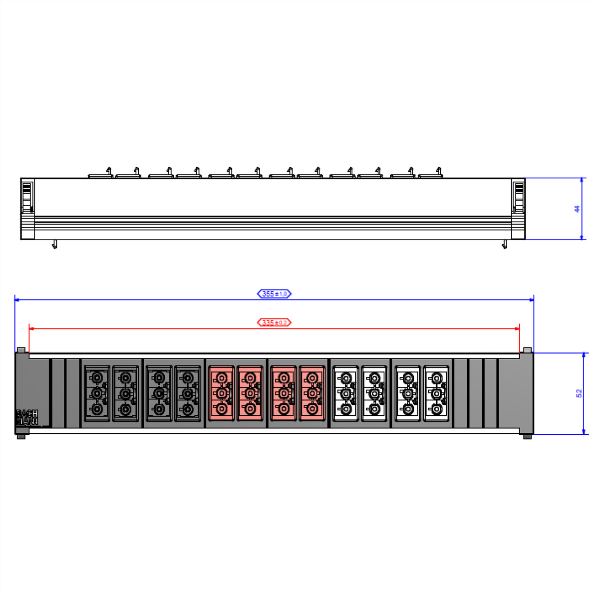 Diagramm mit Abmessungen. Ein rechteckiges Gerät mit mehreren Schlitzen und rot markierten Bereichen.
