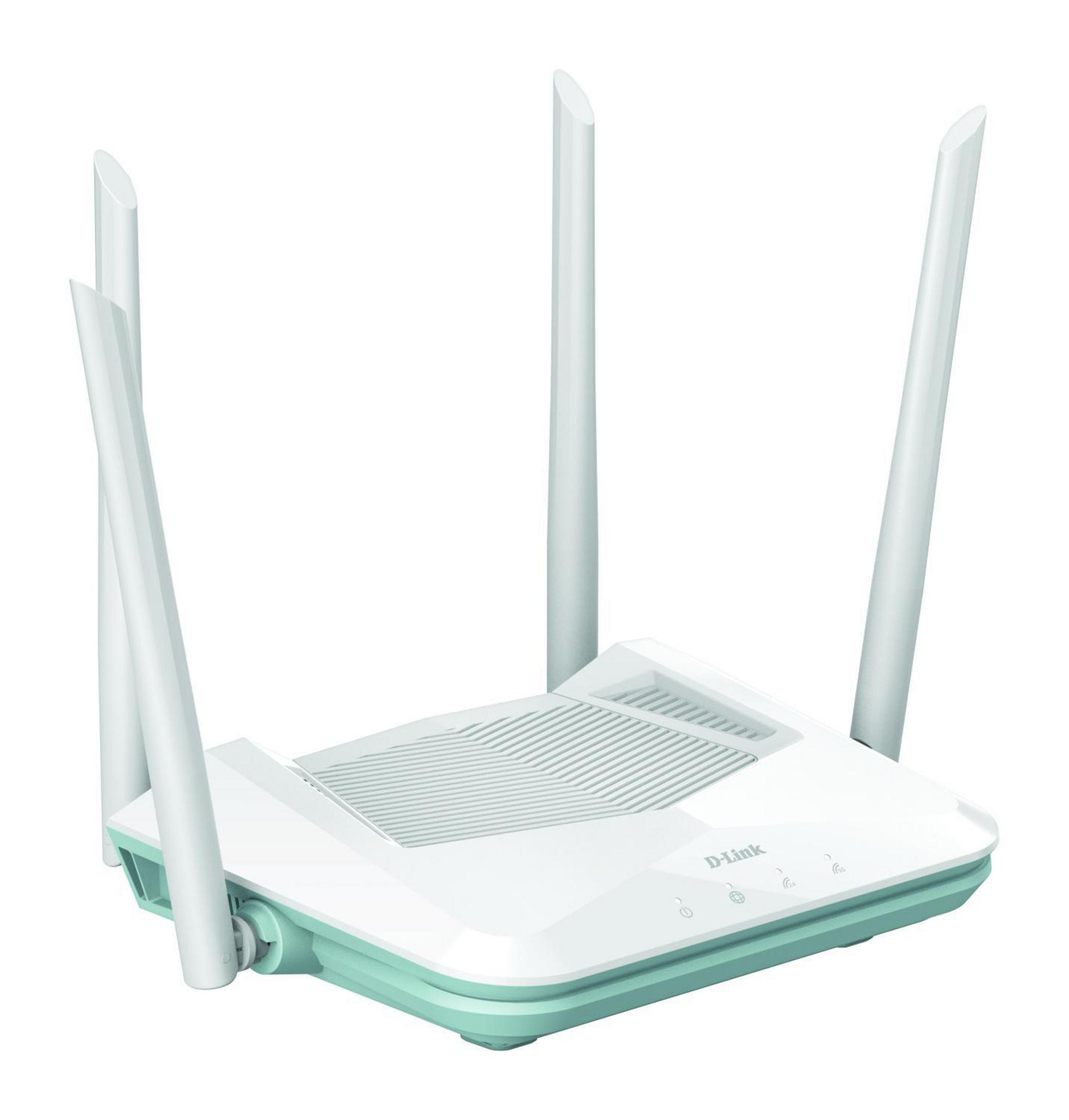 Biały i jasnozielony router D-Link z czterema antenami. Jest na białym tle.