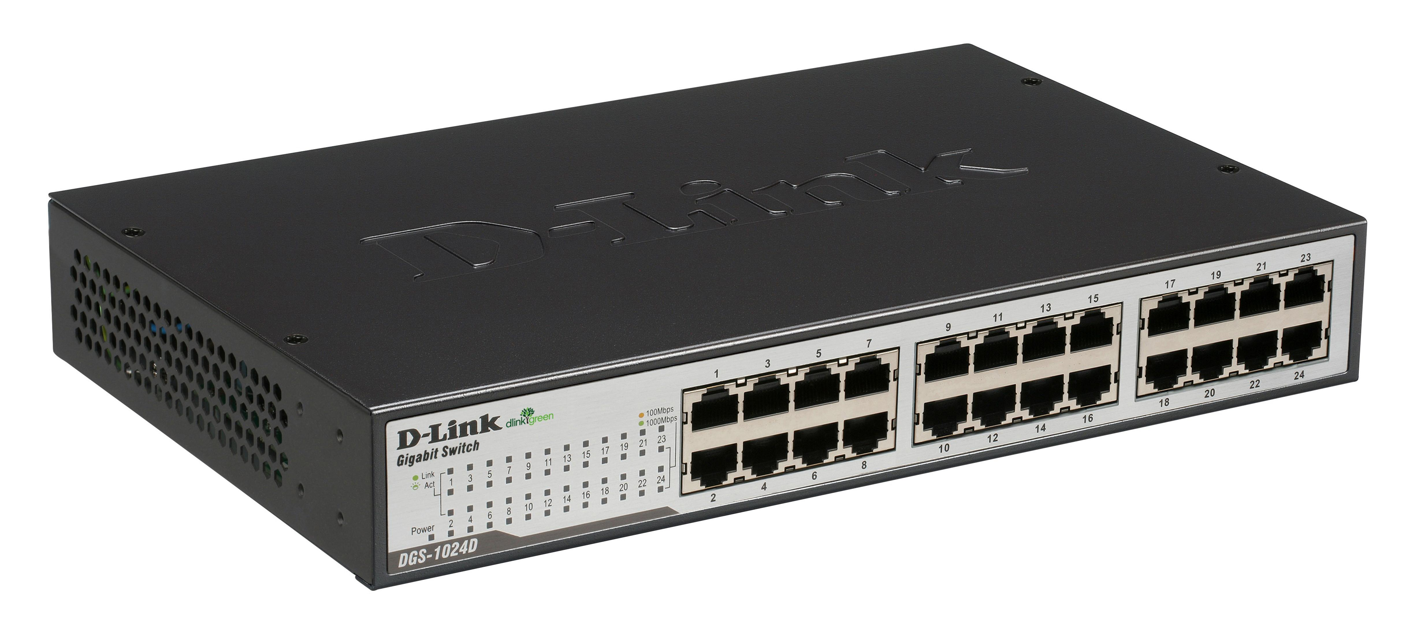 D-Link Gigabit Switch, schwarz, mit 24 Ports und Kontrollleuchten. Weißer Hintergrund.