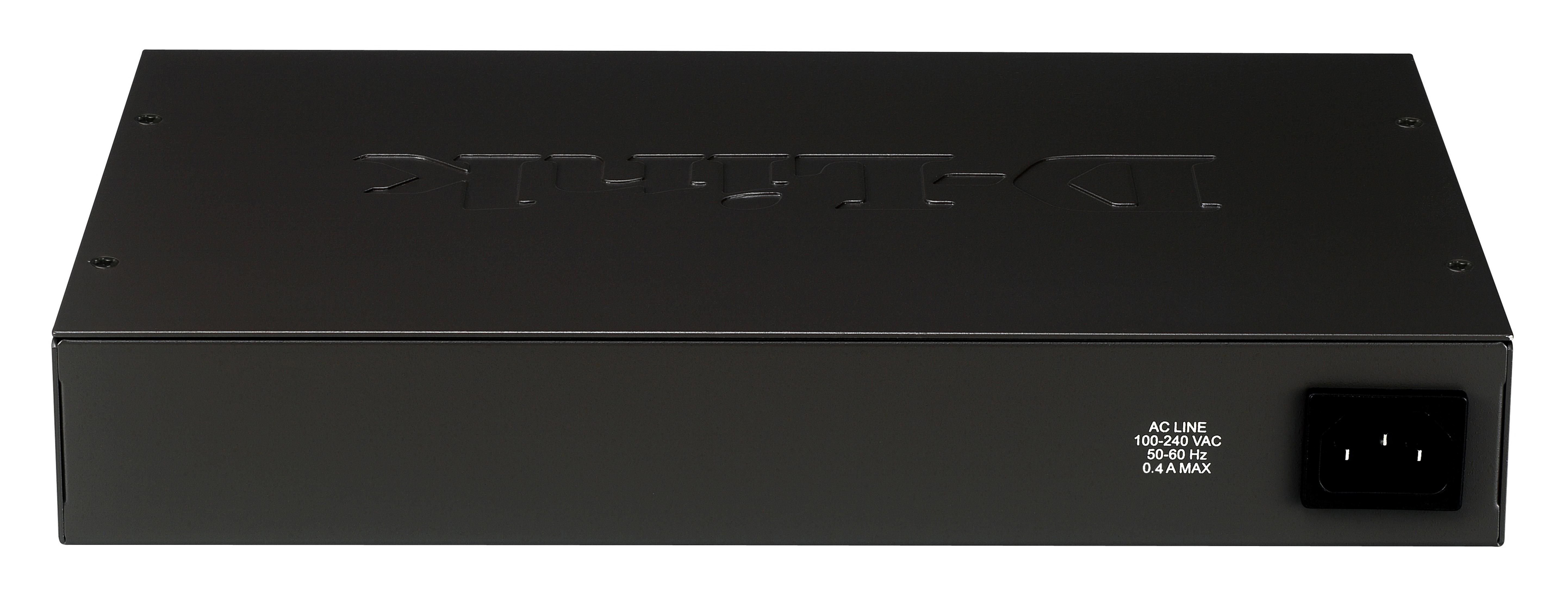 Ein schwarzes elektronisches Gerät mit dem geprägten Text 'D-LINK' auf der Oberseite und einem Stromanschluss.